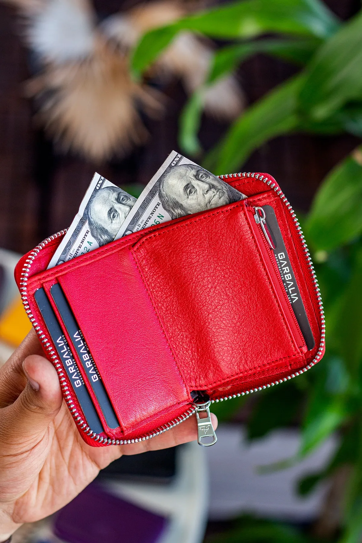 Garbalia  Sydney Echtes Leder-Reißverschluss-Unisex-Geldbörse in Rot mit Münzfach