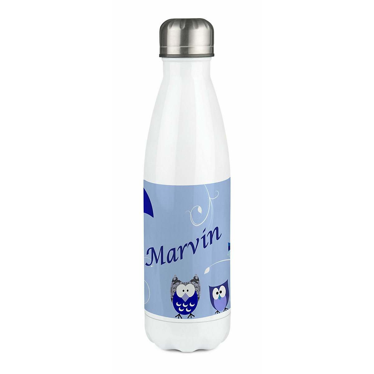 Edelstahl Kinder Thermoflasche / Trinkflasche bunt Eule Farbe blau Spülmaschinenfest, Auslaufsicher, Bruchfest, Doppelwandig, Für Heißgetränke geeignet, Mit Deckel, Isoliert