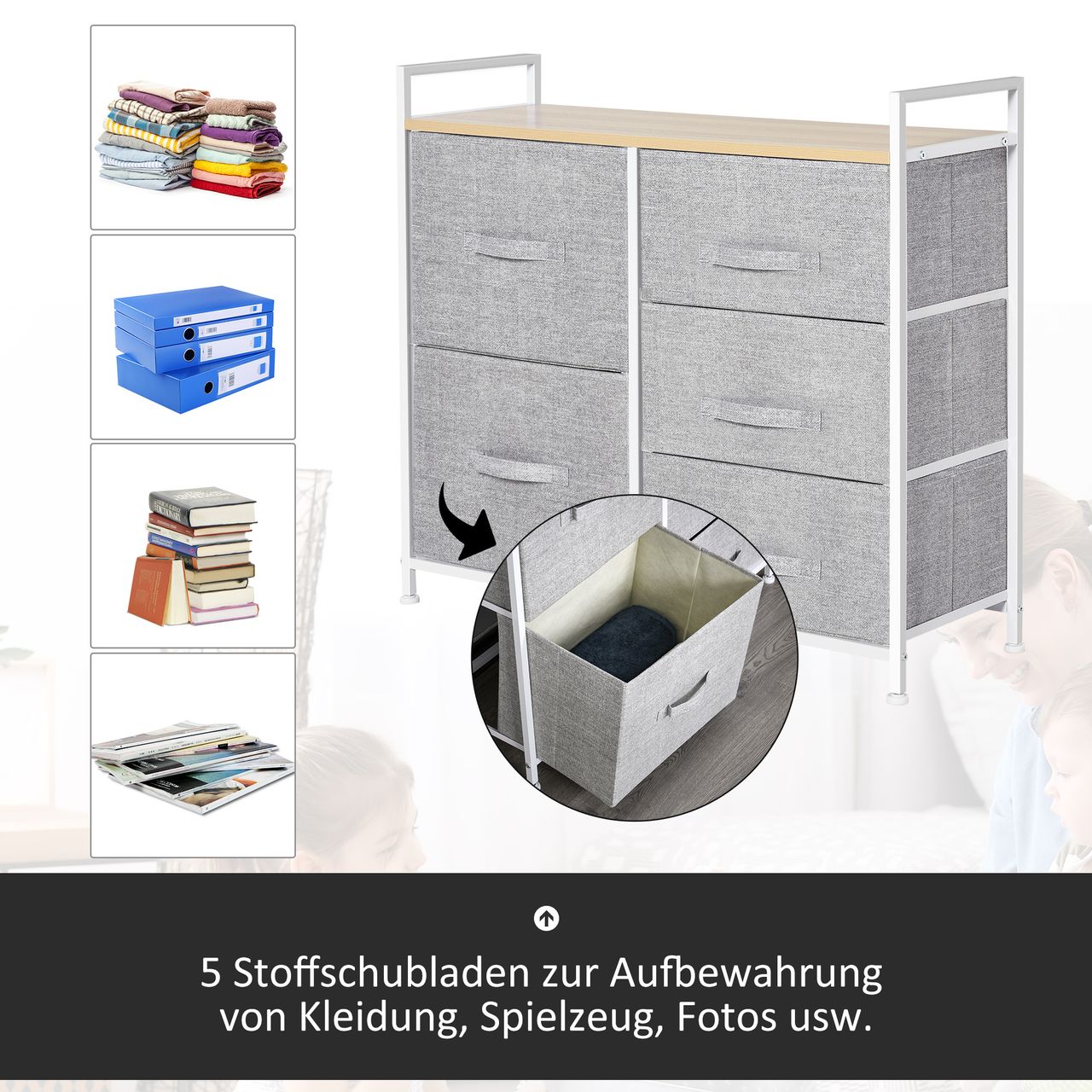 HOMCOM Schubladenschrank, Aufbewahrungsschrank, Stoffkommode mit 5 Stoffschubladen, Stoff  Holz  Metallrahmen, Grau, 83 x 29 x 77 cm