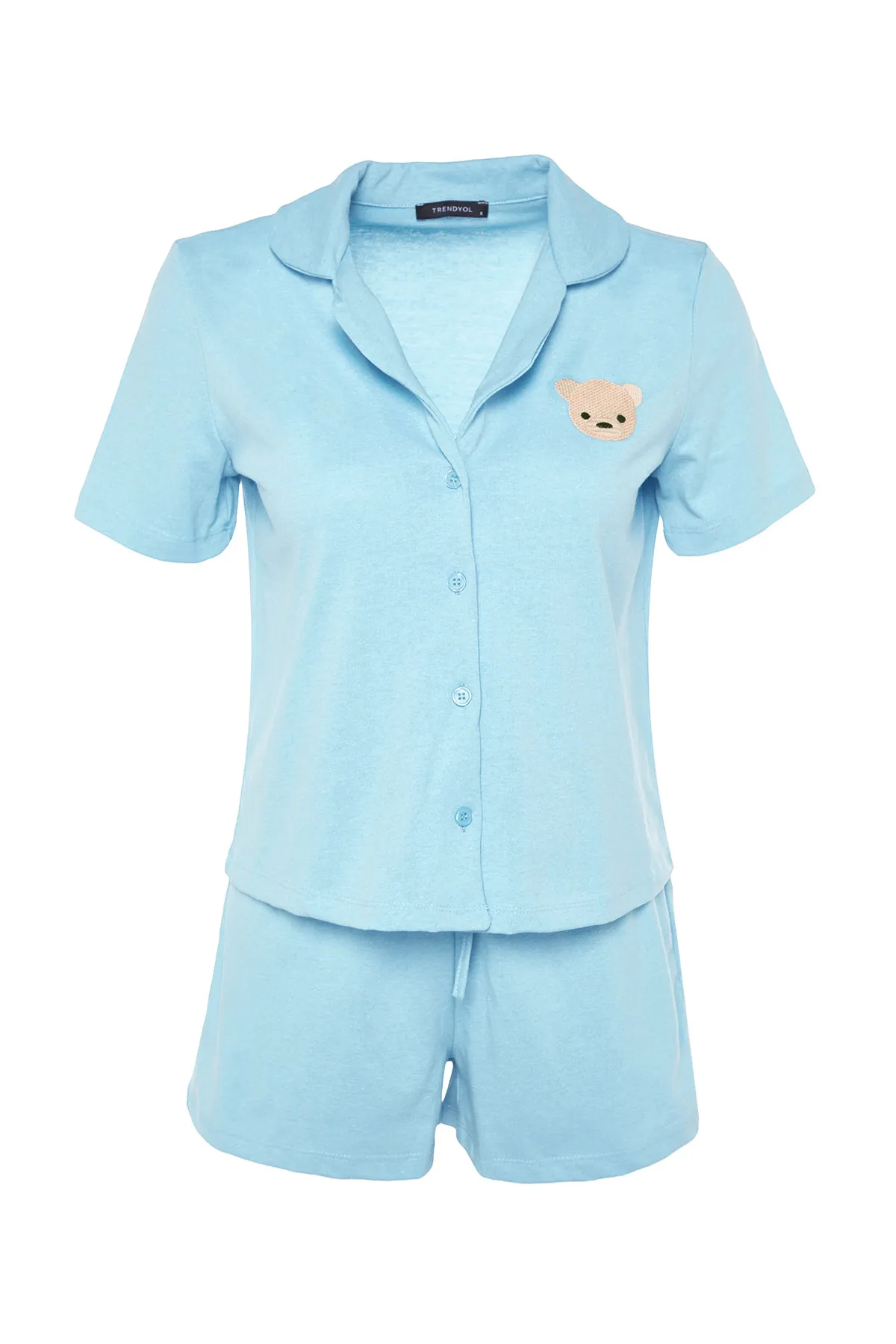 Trendyol Collection  Blaues Pyjama-Set aus Hemd und Shorts aus 100 % Baumwolle mit Teddybär-Stickerei THMSS23PT00012