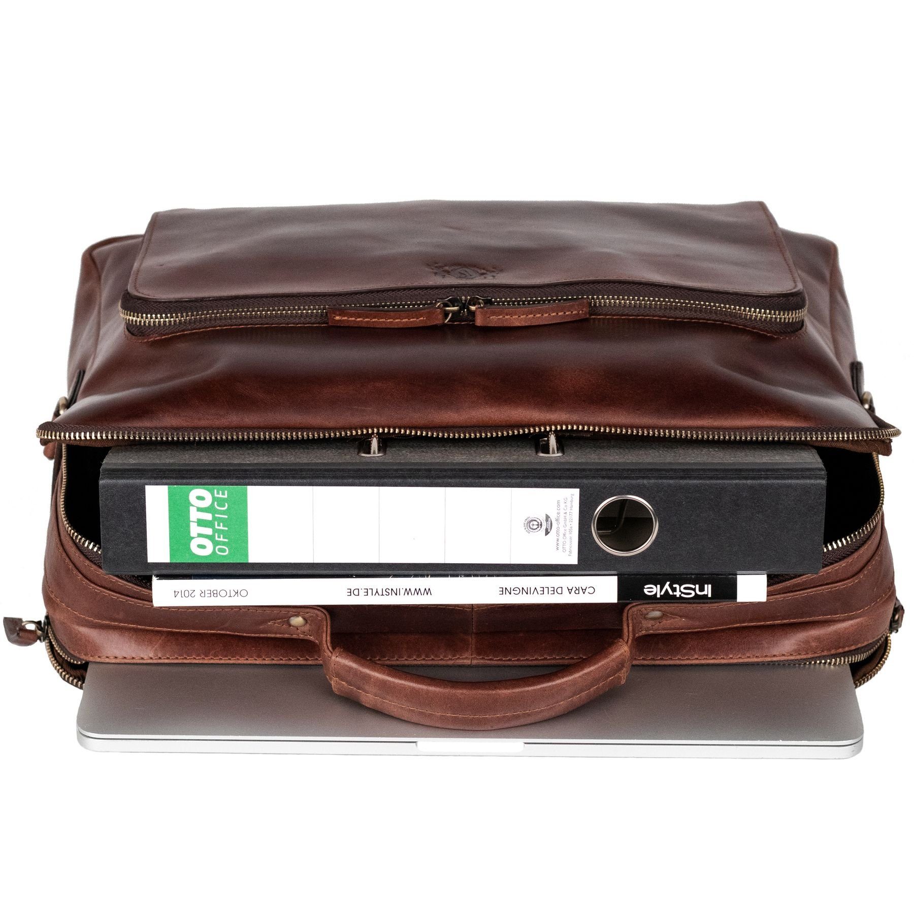 SID & VAIN Laptoptasche Leder Businesstasche Unisex SIMON, Laptoptasche 15,4 Zoll, Aktentasche Echtleder Damen Herren braun