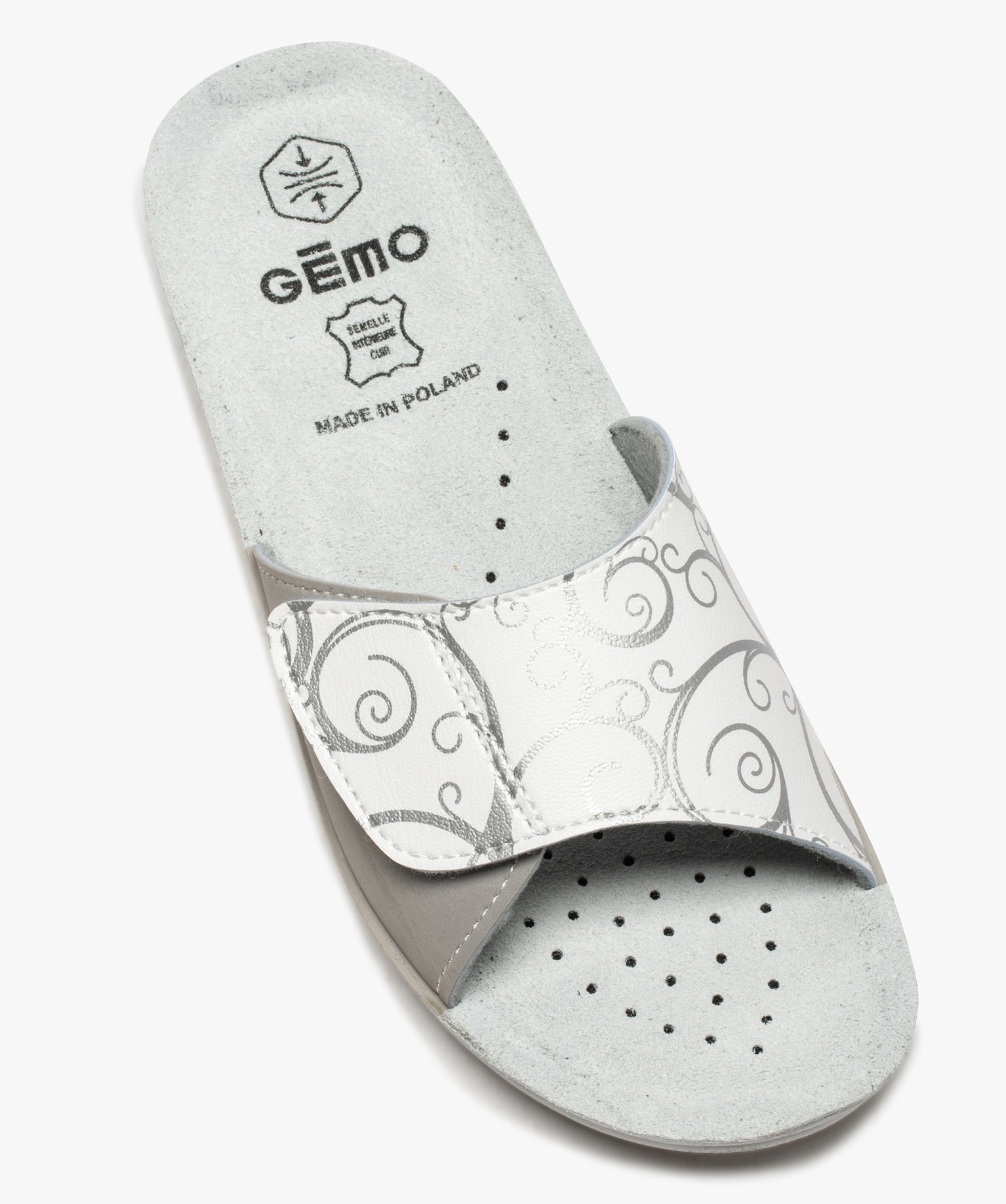 Mules femme confort ouvertes à bandeau scratch imprimé blanc | GEMO