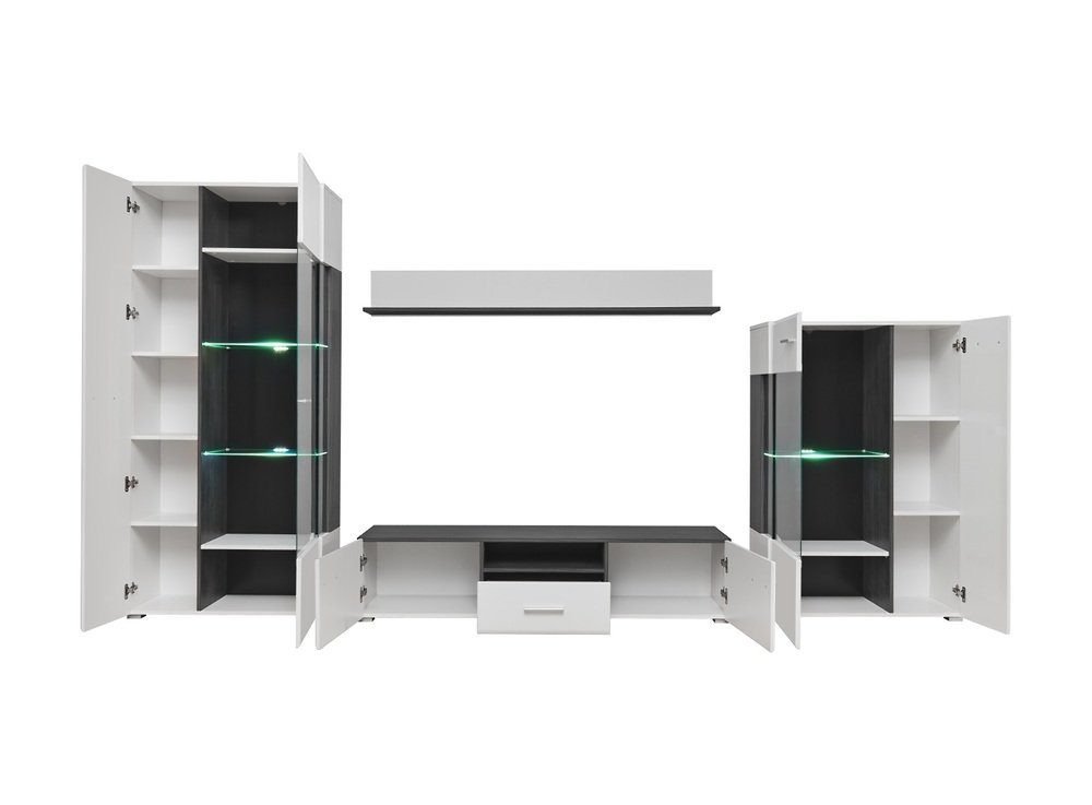 Stylefy Wohnwand Irvine, (Wohnmöbel, Wohnzimmer-Set, Set (4-St), bestehend aus 2xStandvitrine, 1xLowboard, 1xWandboard, inkl. LED-Beleuchtung, mit Glaseinsatz,variabel stellbar und hängbar, Hochglanzfronten