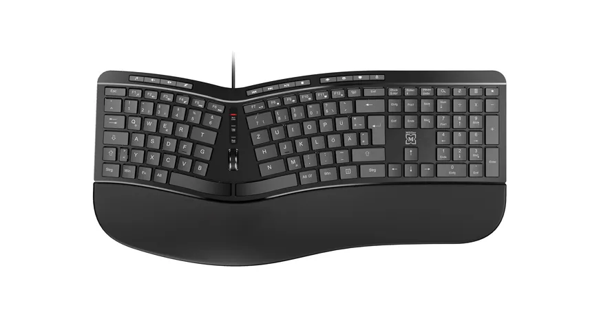 Müller ergonomische Multimedia-Tastatur mit 124 Tasten und Scroll-Rad, QWERTZ (DE/AT), kabelgebunden, schwarz