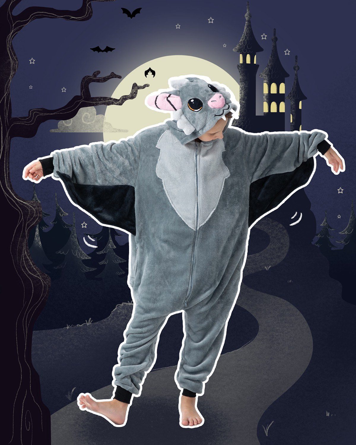 Corimori Jumpsuit Flauschiges Fledermaus-Kostüm für Kinder (2-tlg) mit Haarreif, Halloween, Fasching, Verkleidung, Vampir-Fledermaus