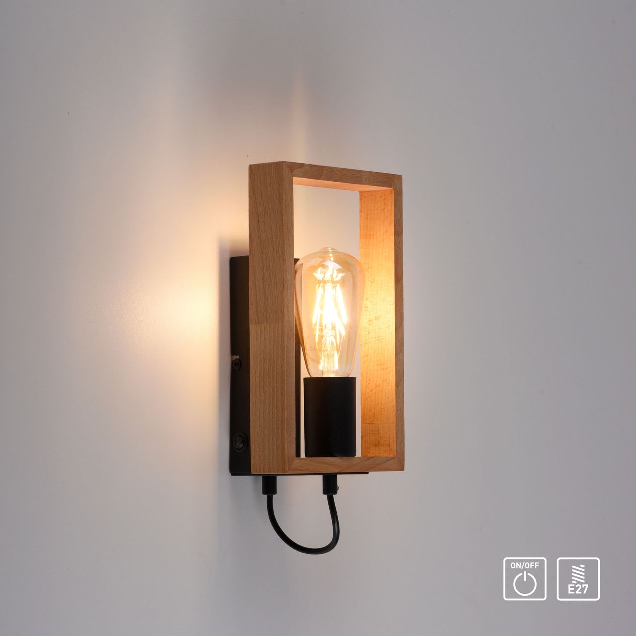 JUST LIGHT LeuchtenDirekt Wandleuchte FRAME, 1xE27/max. 60W, Innenleuchte, IP20, Wippschalter,  Metall und Holz