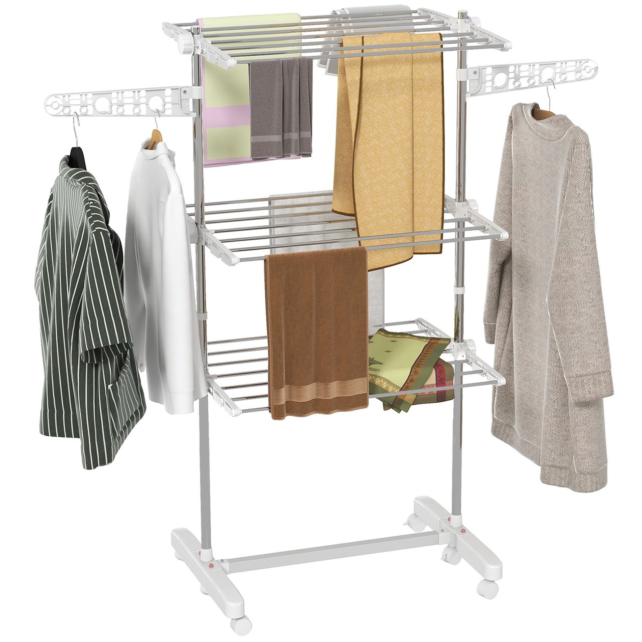 HOMCOM Mobiler Wäscheständer Wäschetrockner Kleiderständer 3 Ebenen klappbar Rolle 80-142 x 55 x 152 cm