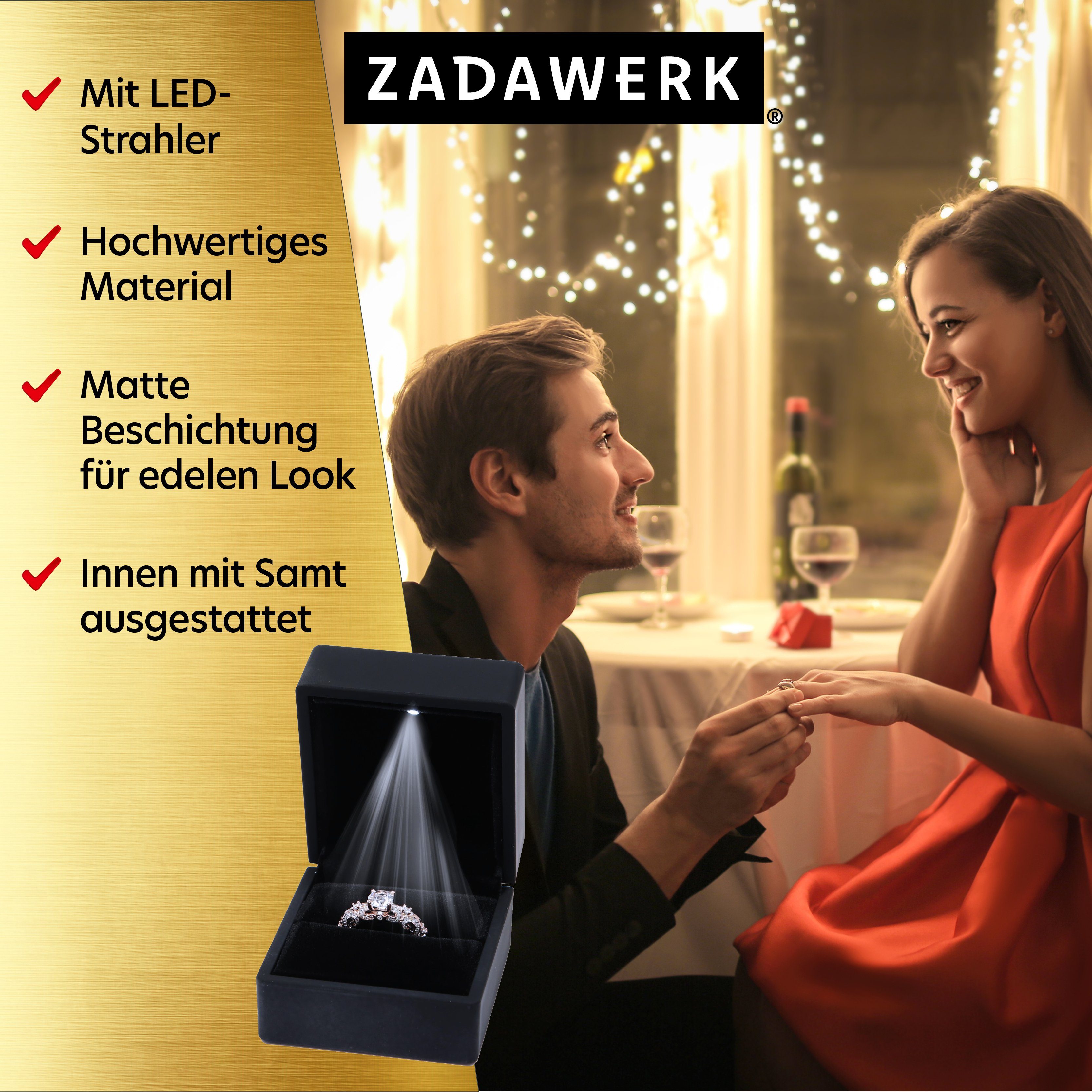 ZADAWERK Schmucketui Ringbox mit LED (ROT), Schmuckdose mit Beleuchtung