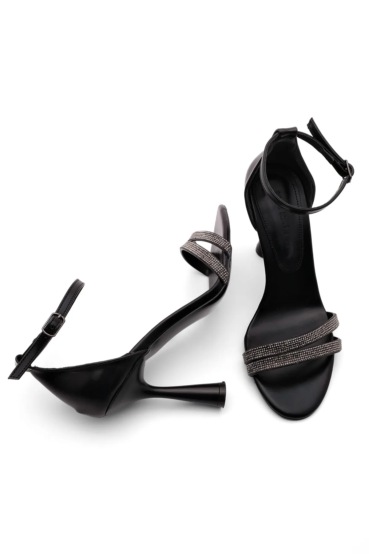Marjin  Damen Abendschuhe mit Steinen, Knöchelriemen, Absatz, Folez, Schwarz