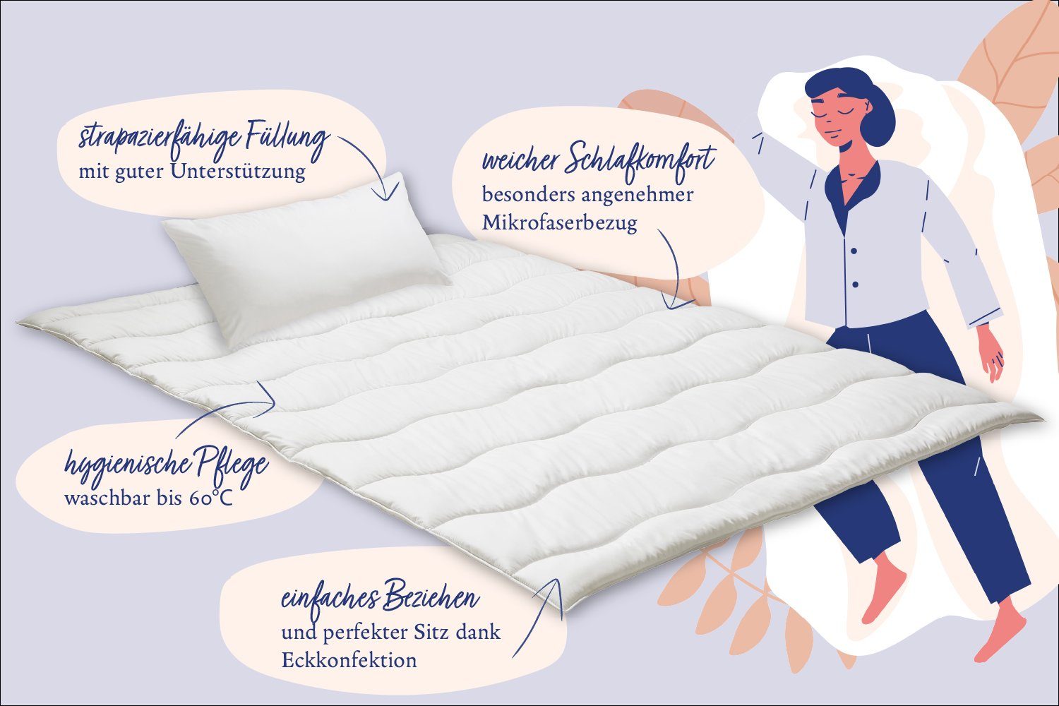 Microfaserbettdecke + Microfaserkissen, Set Essentials, Nightlife, Füllung: leicht und temperaturausgleichend, Bezug: weich und anschmiegsam, allergikergeeignet, Decke mit verschweißten Nähten und 90 Grad Ecken