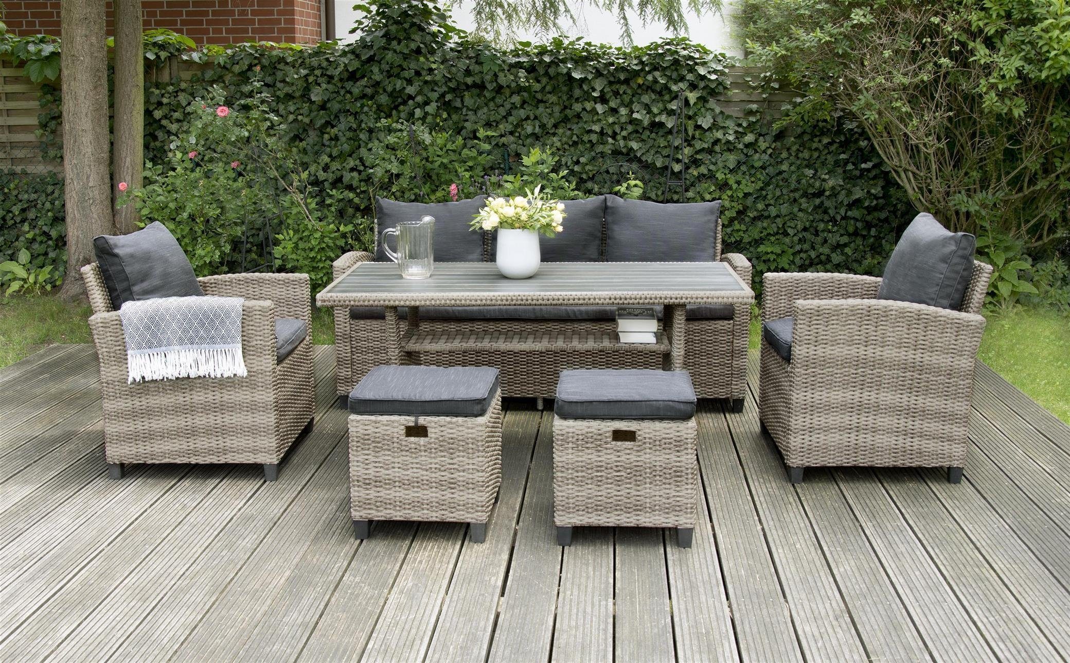 bellavista - Home&Garden® Loungeset Rattan Gartenmöbel Dininglounge Set Madeira II grau, (Set, 6-tlg)