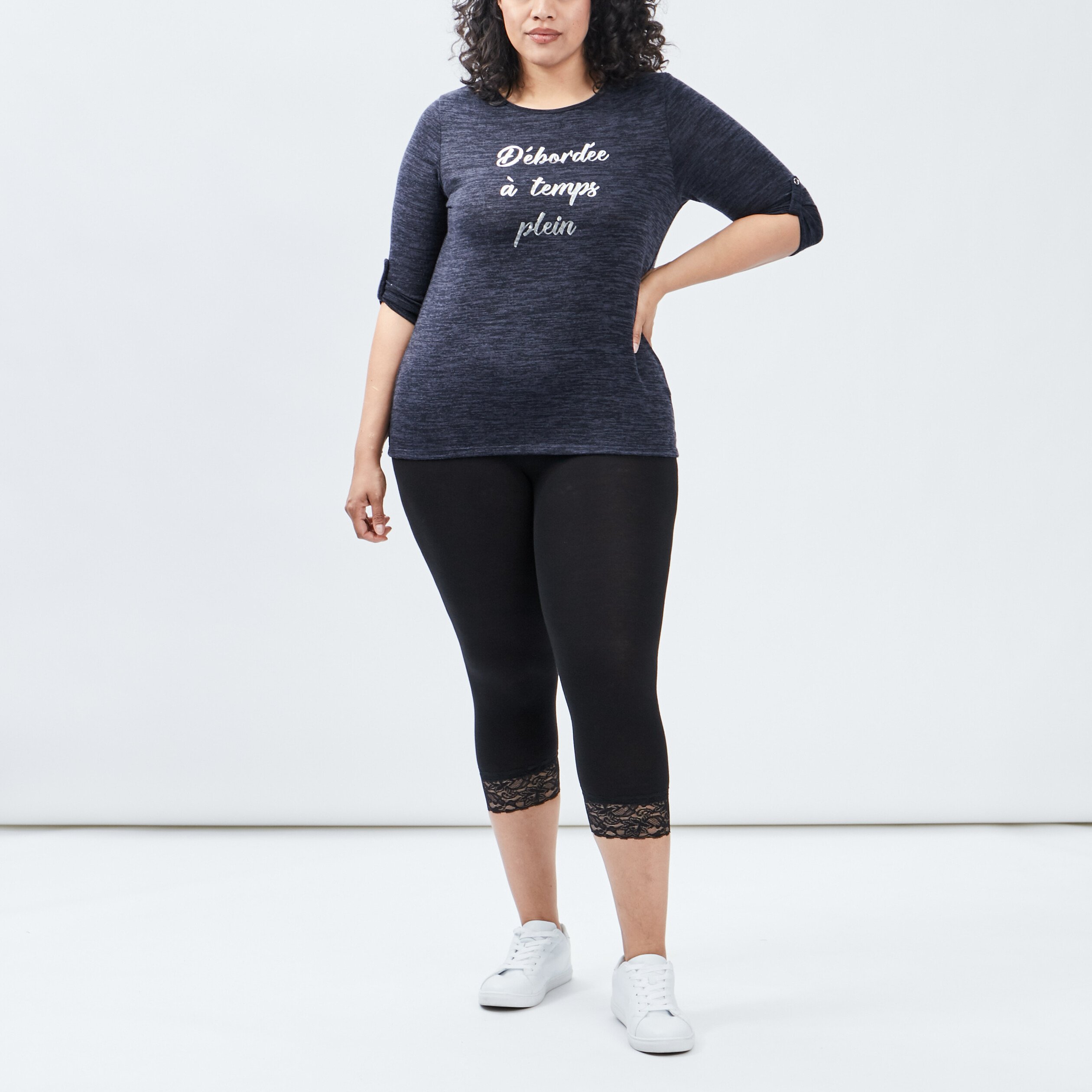 Legging 7 8ème empiècements dentelles noir femme grande taille | La Halle
