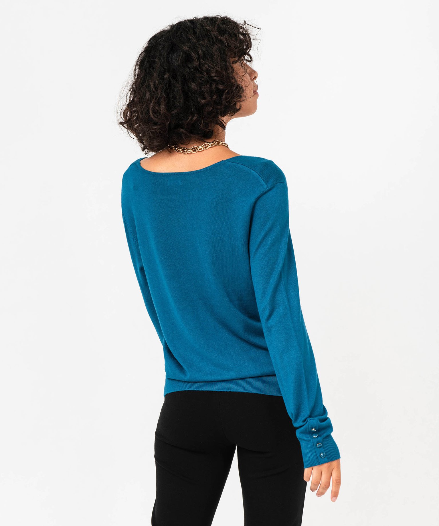 Pull en maille fine à col V et boutons fantaisie femme bleu | GEMO