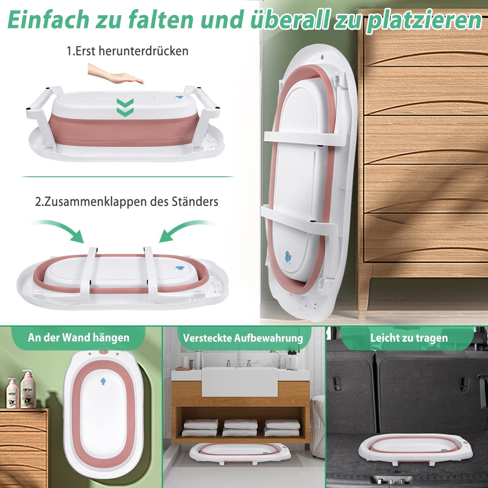 UISEBRT Babybadewanne Faltbare Babywanne Kinderbadewanne, mit Ergonomischem Badekissen