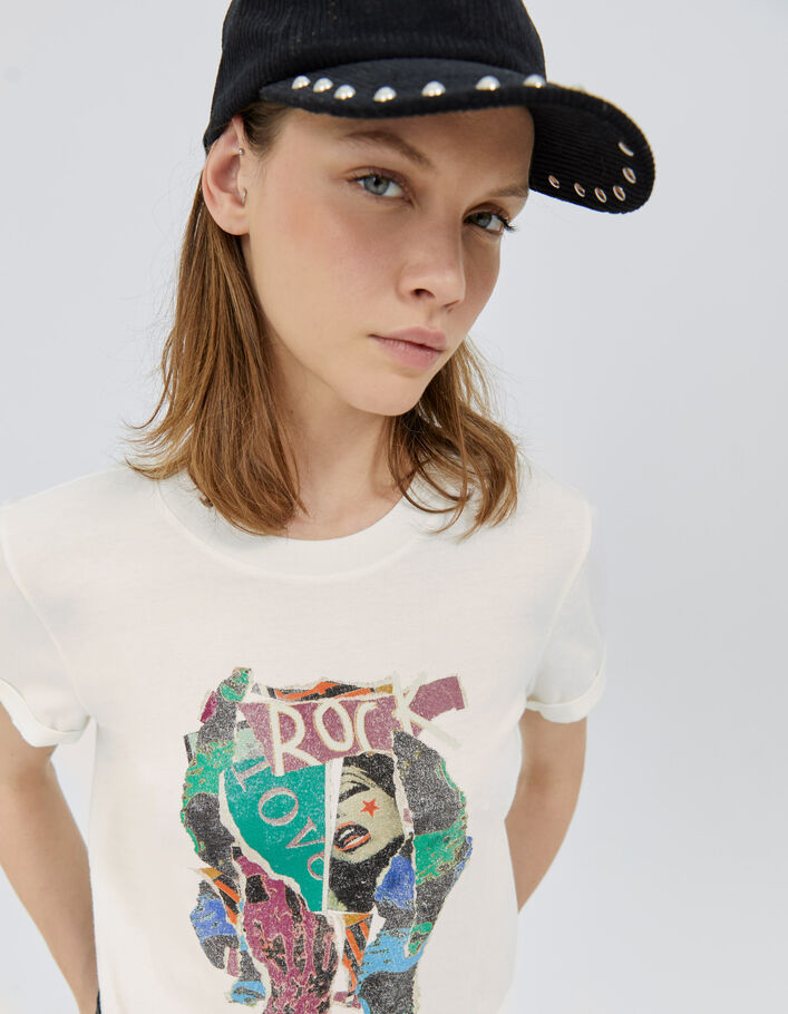 Tee-shirt écru visuel collage arty rock and love Femme
