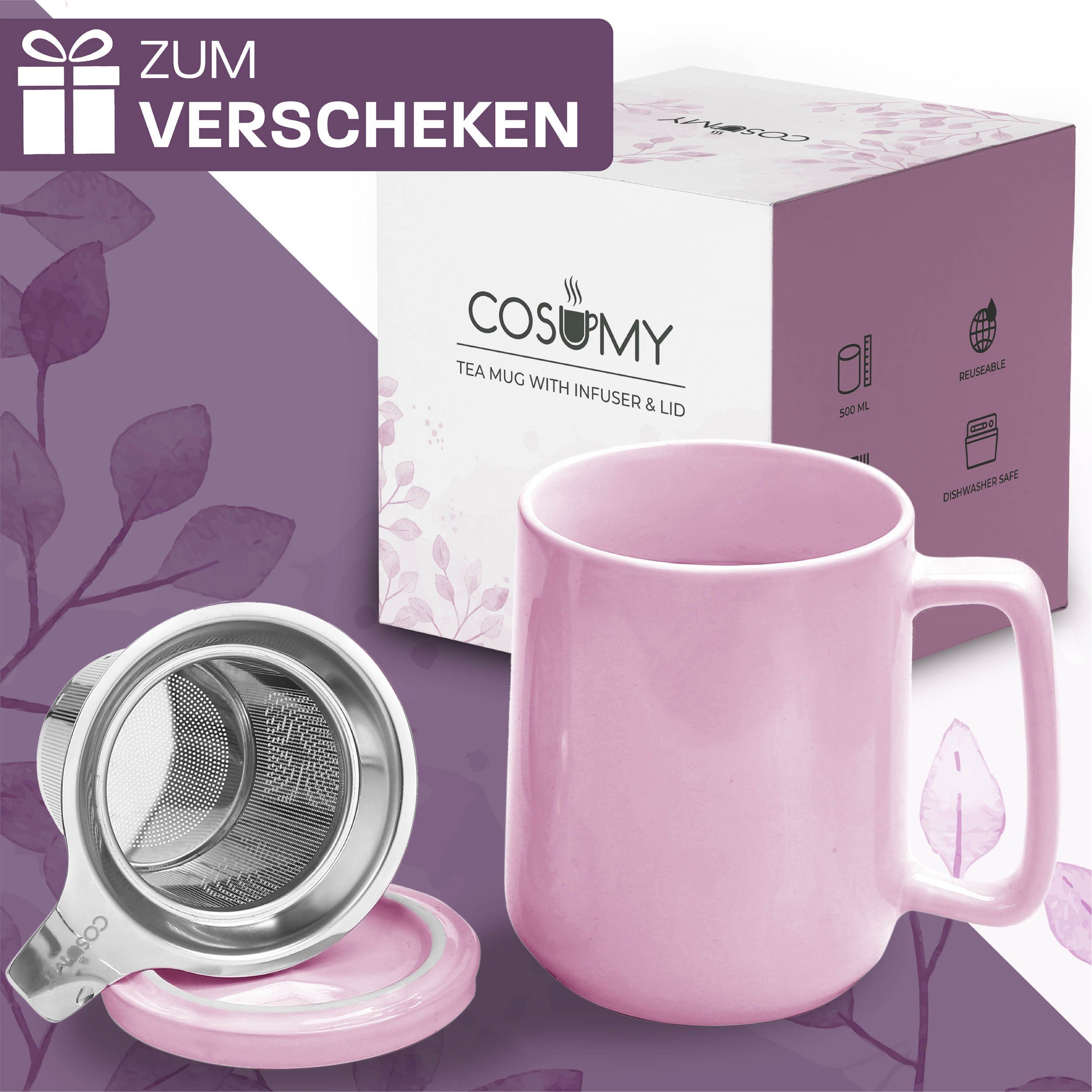 Cosumy Teeglas Teetasse mit Sieb und Deckel 500ml - Jumbotasse, Porzellan, Hält Lange warm - 500 ml XXL Groß - Spülmaschinenfest