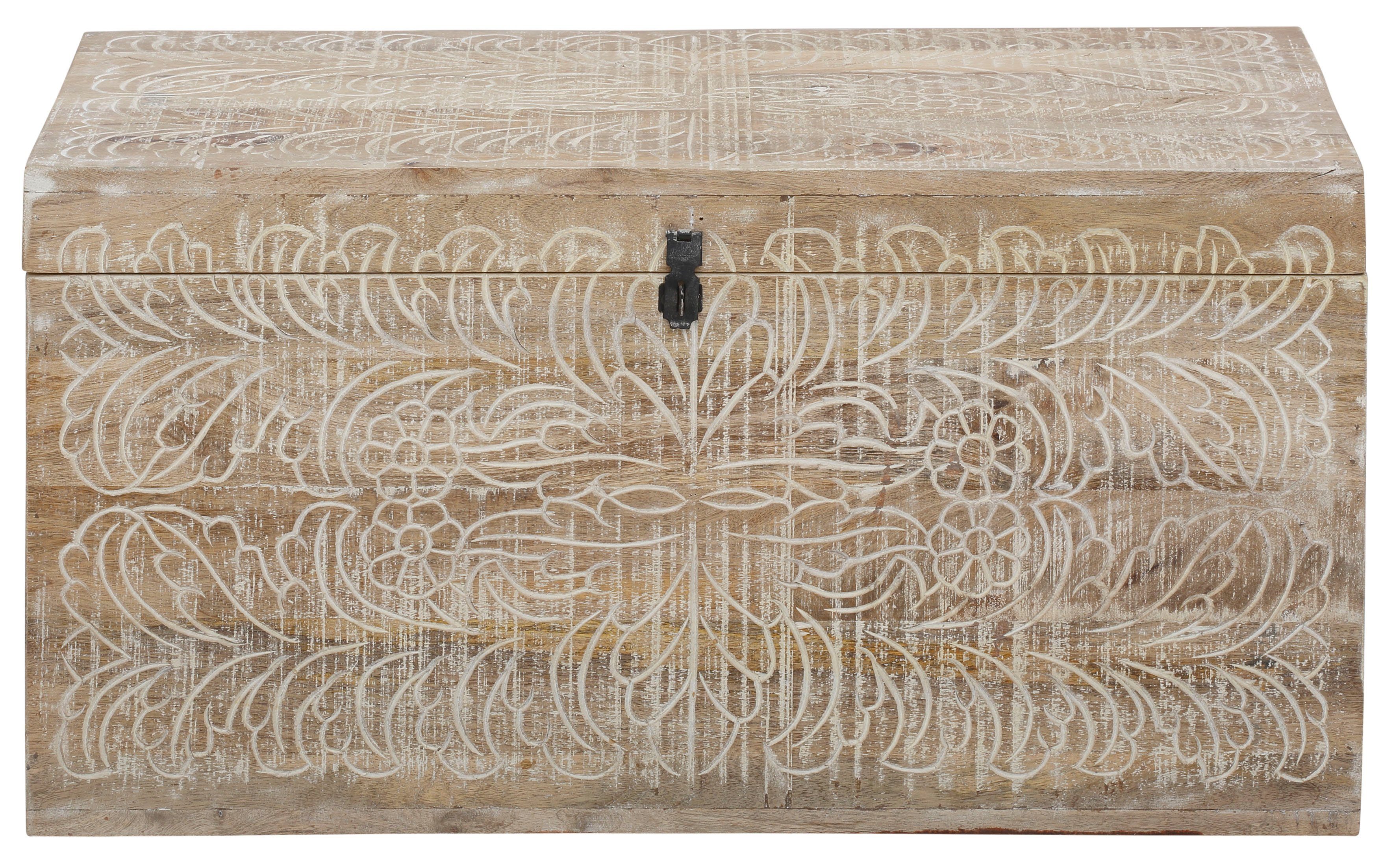 Home affaire Truhentisch Lavin, Mangoholz, mit dekorativen Schnitzereien, Handgefertigt, Breite 90 cm
