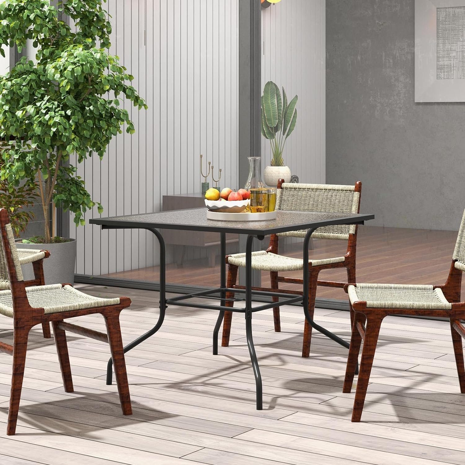 KOMFOTTEU Gartentisch Bistrotisch, mit Glasplatte & 38mm Schirmloch, 89×89 cm