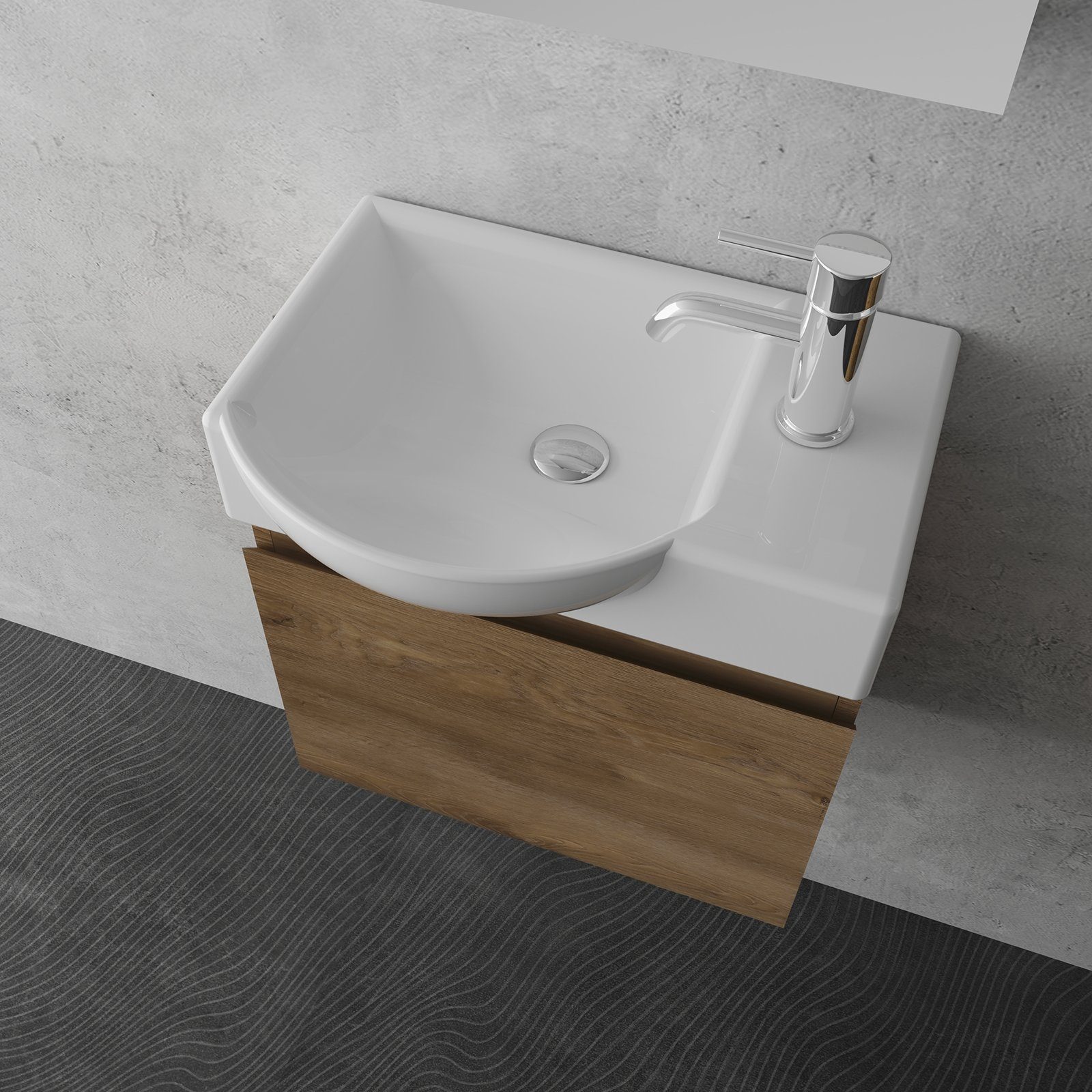 Alpenberger Badmöbel-Set - Gäste WC Waschbecken mit Unterschrank 45 cm Breit, (Badschrank 2-tlg., Waschtisch hängend), Waschbeckenunterschrank mit Softclose - Farbe Eiche - Links Becken