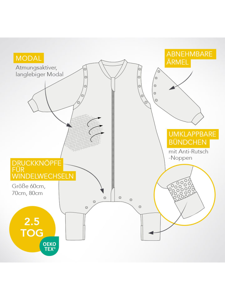Schlummersack Schlafsack mit Füßen und umklappbaren Bündchen, 2.5 TOG in Grau günstig kaufen