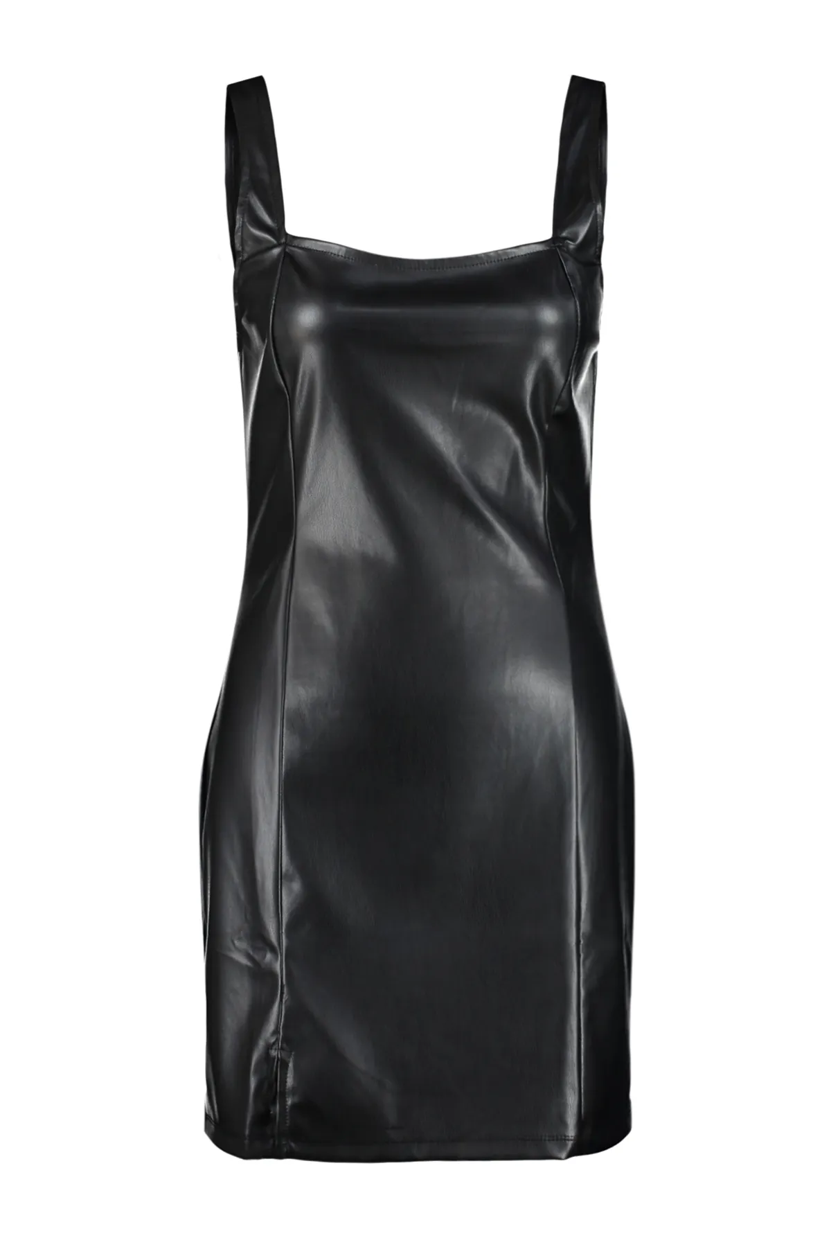 Trendyol Collection  Schwarz gefüttertes Mini-Gilet-Strickkleid aus Kunstleder mit quadratischem Kragen TWOAW24EL00374