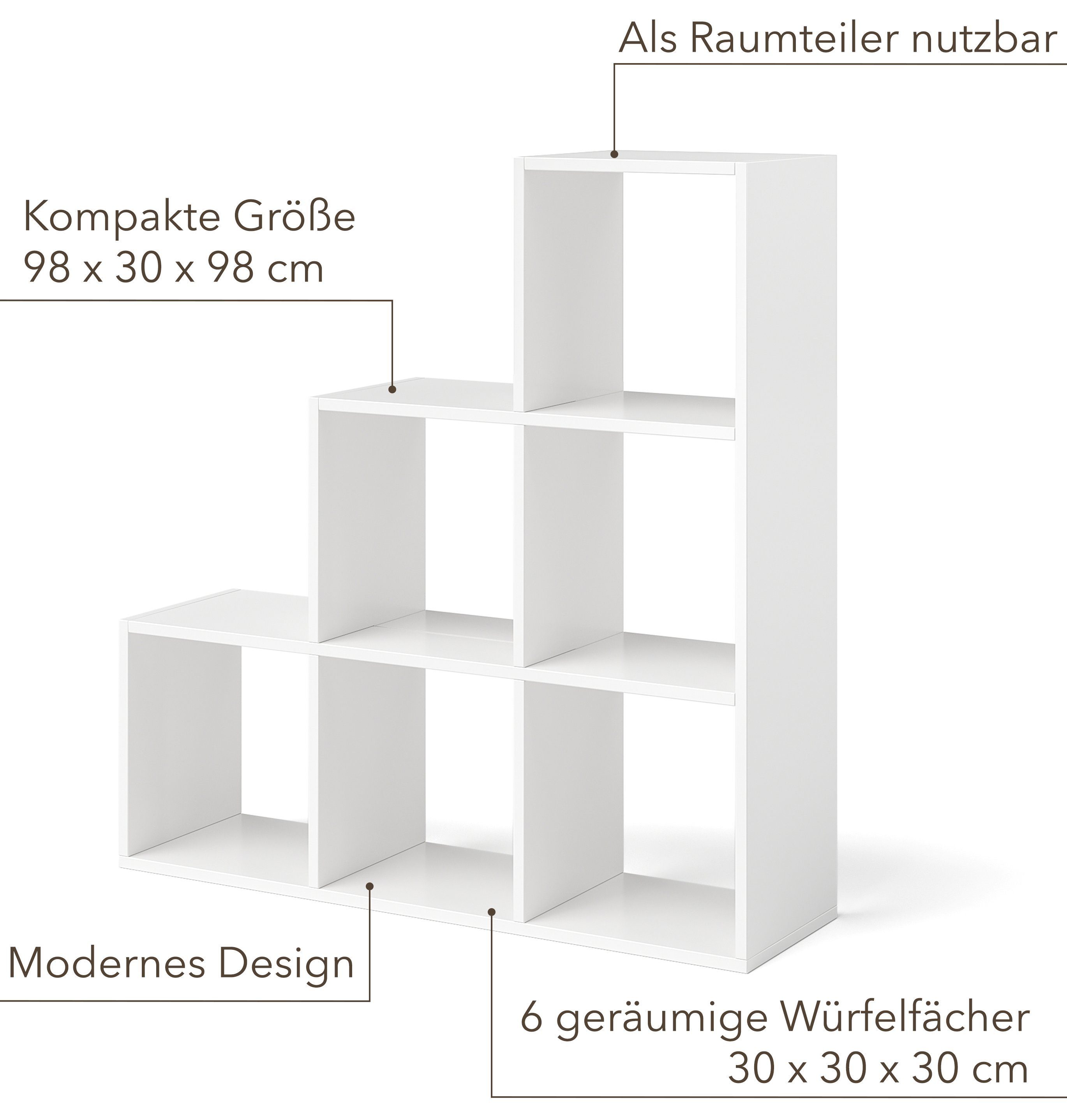 Bellamio Bücherregal Aras Raumteiler, Treppenregal, Würfelregal, 6 Ablagefächer, viel Stauraum