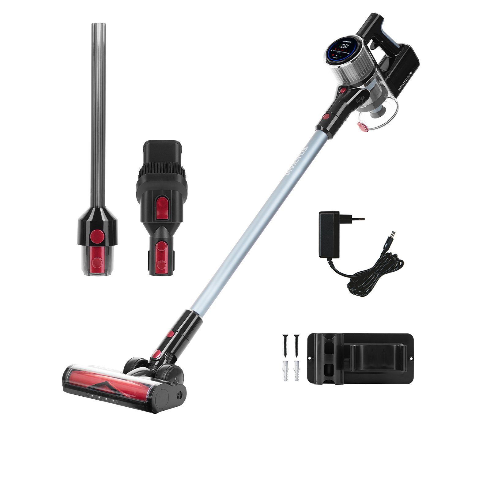 Genius Akku-Hand-und Stielstaubsauger Invictus X9 Facelift Kabellos 12-tlg., Akkustaubsauger Kabellos, Beutellos HEPA 3 Fach Filtersystem, LED Wandhalterung bis zu 55 Min für Hartböden Teppich Tierhaare