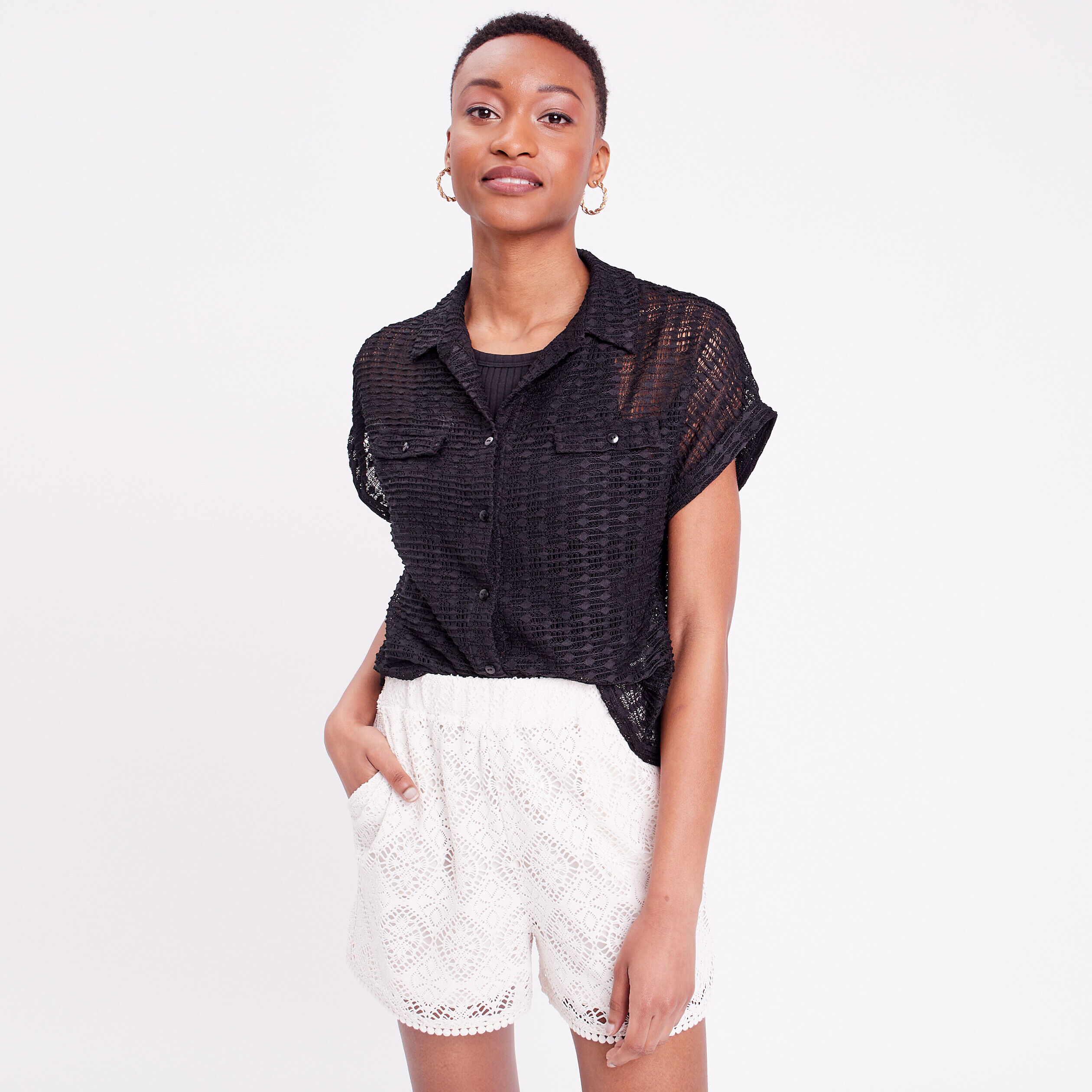 Blouse manches courtes ajourée noir femme | Cache Cache
