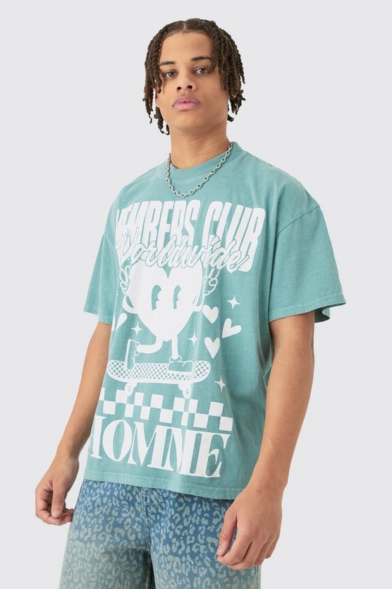 Kastiges Oversize T-Shirt mit rohem Saum und Members Club Herz Waschung