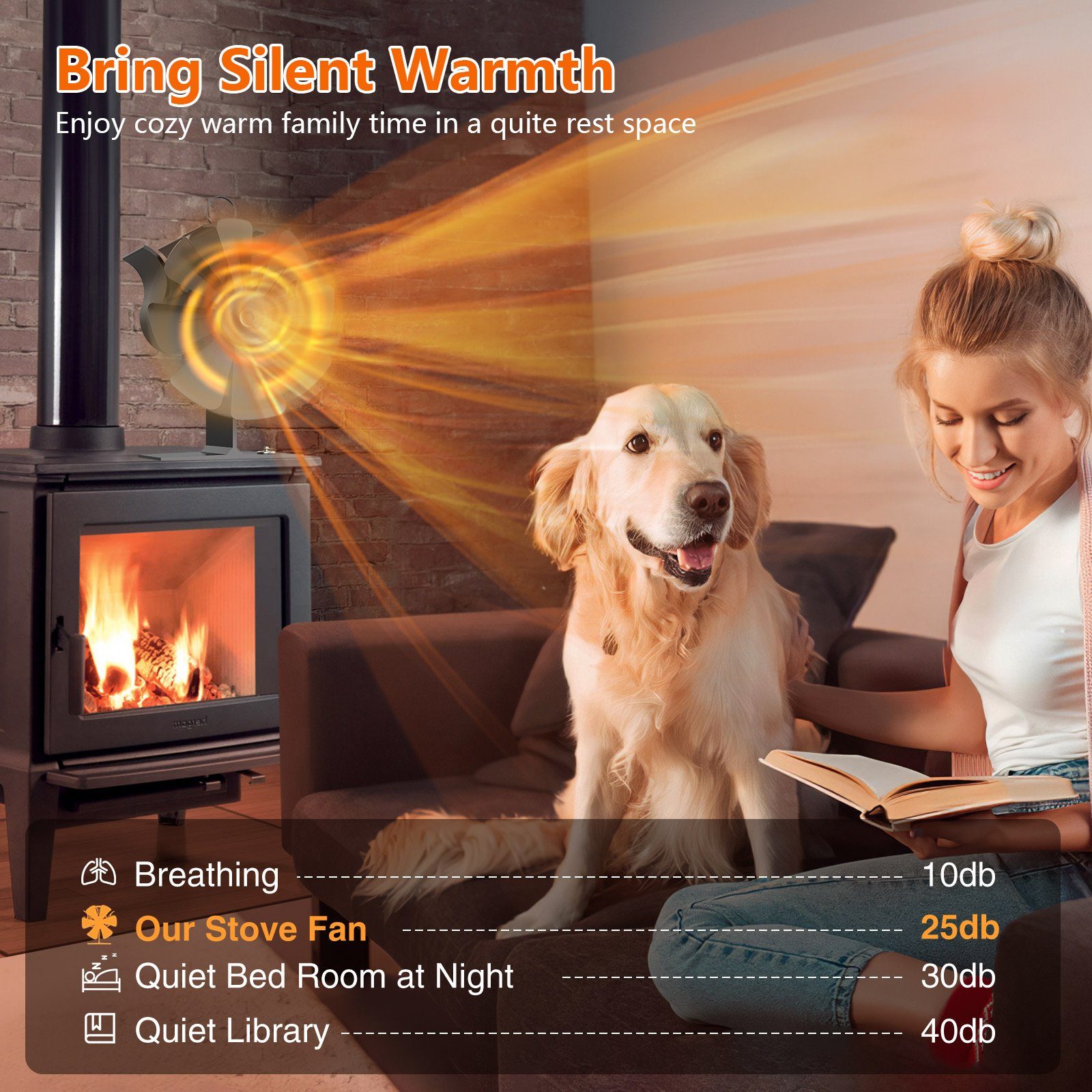 BlingBin Kaminventilator Kaminventilator ohne Strom mit 8 Blättern, Kaminlüfter + Thermometer, Wärmeverteiler Lüfter mit 8 Blättern für Kaminöfen Holzöfen Öfen