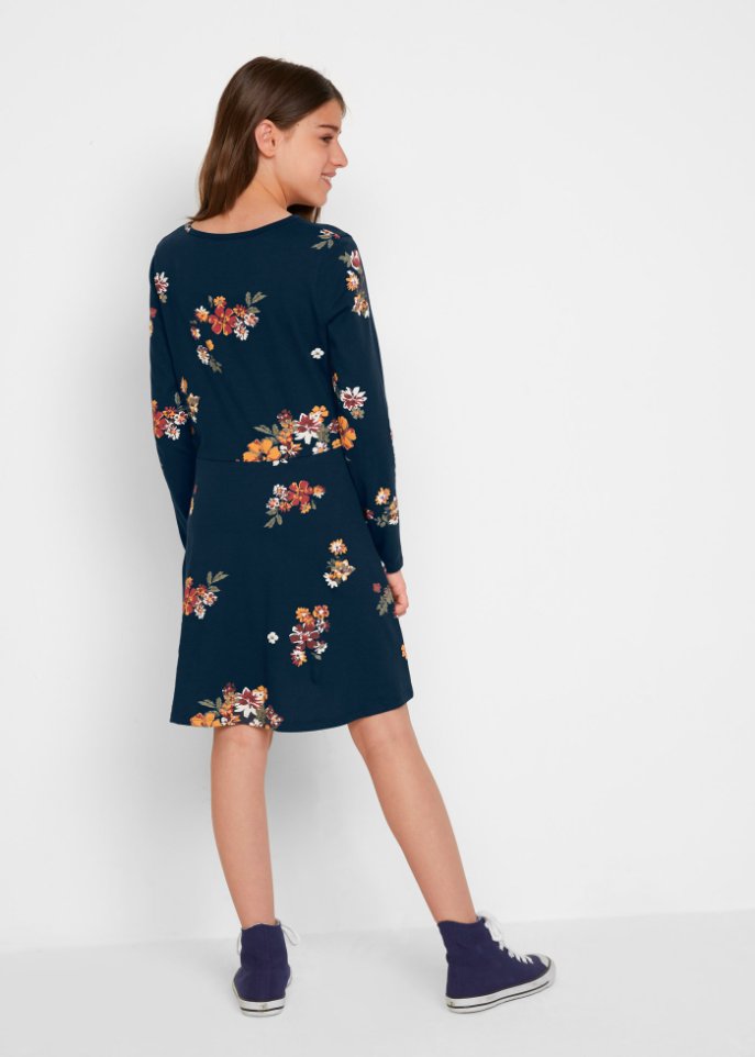 Mädchen Langarm-Jerseykleid mit Blumenmuster