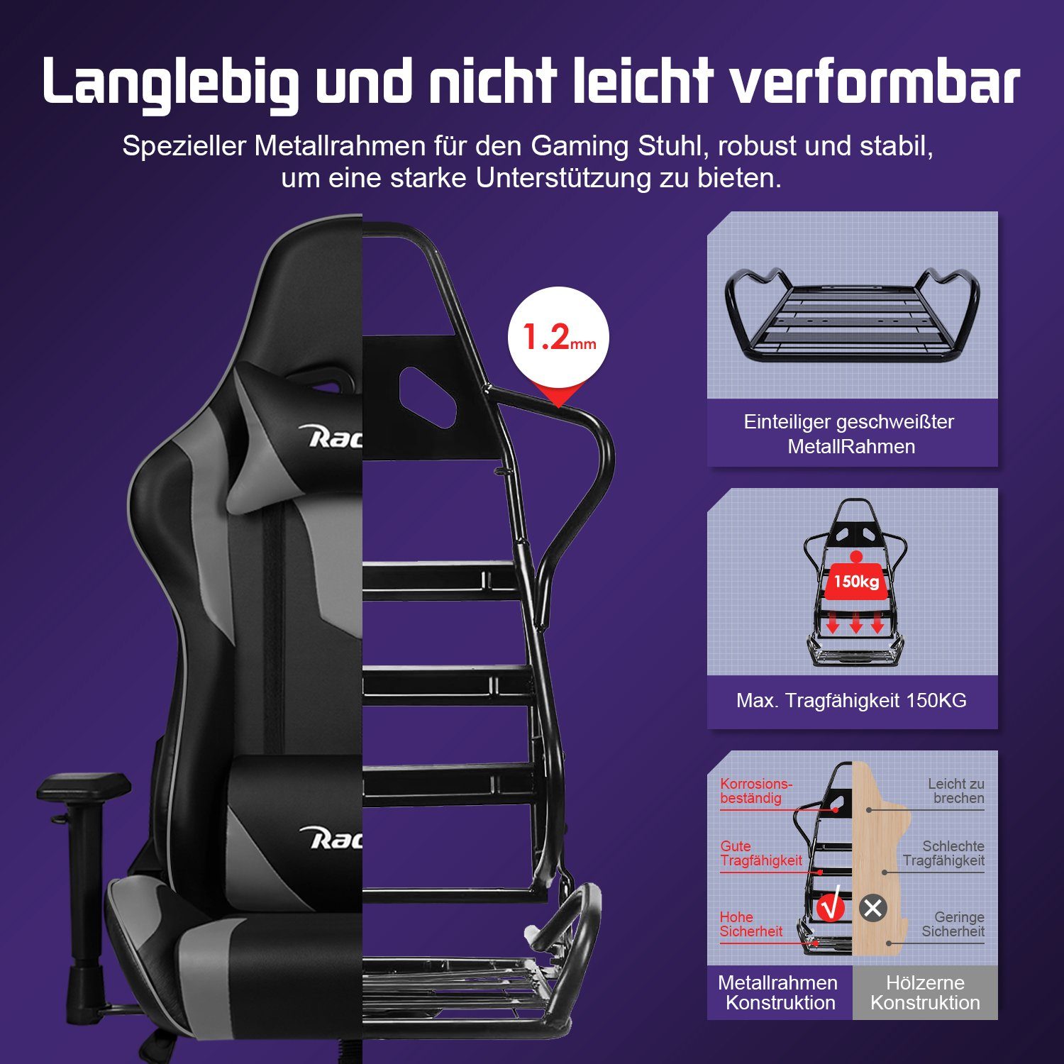 Daynee Gaming-Stuhl Gaming Stuhl,Bürostuhl Ergonomisch mit verstellbare Lendenkissen (Kopfkissen und Armlehnen,Gaming Chair Gepolstert), Gamer Stuhl Wippfunktion, Gaming Stuhl 150 kg Belastbarkeit