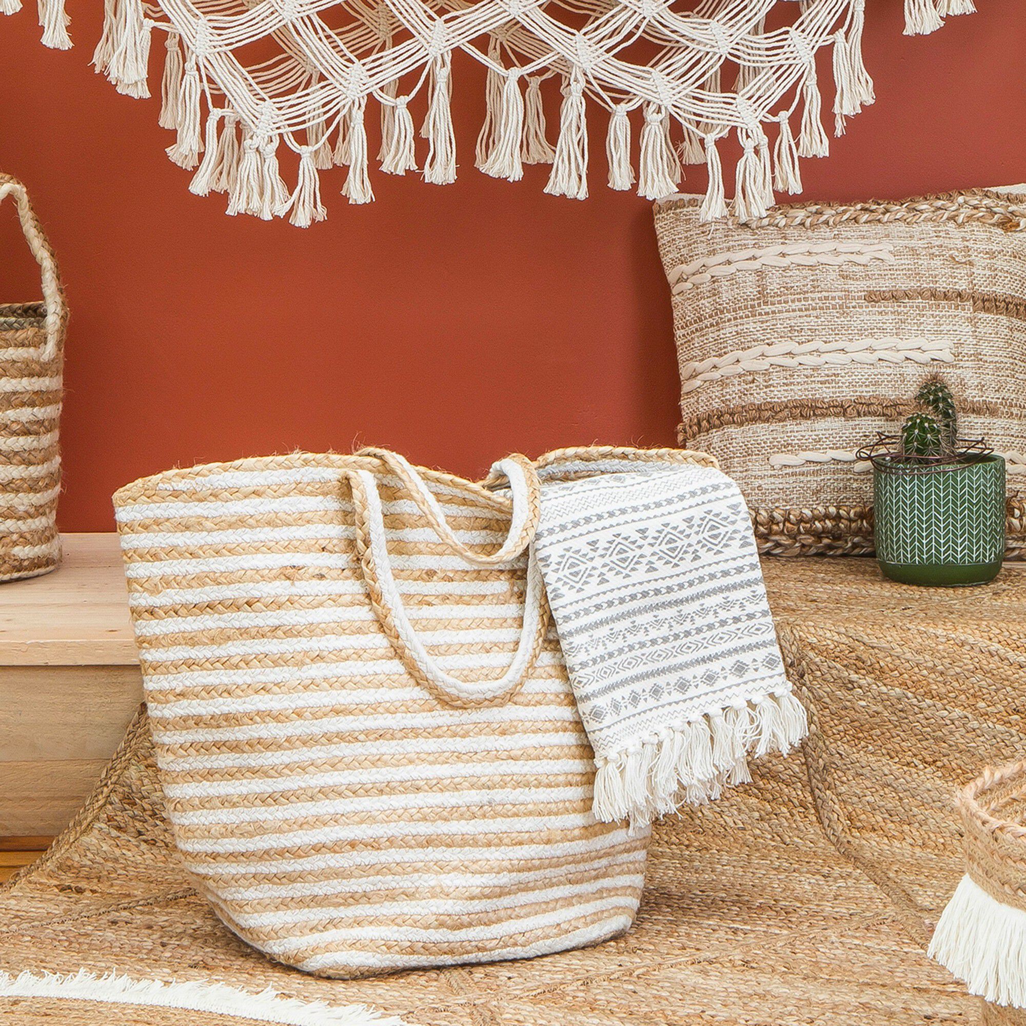 Panier rayé jute véritable et corde tressée