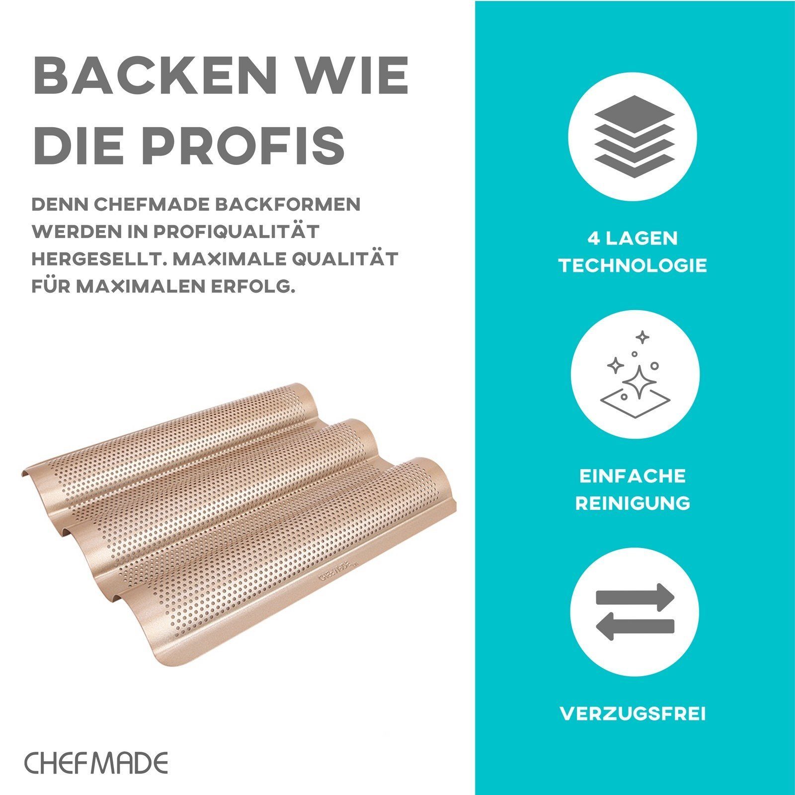 Chefmade Baguetteblech Backblech, Karbonstahl, (CHEFMADE, 3 Mulden Baguetteblech, 270x242x22mm, Champagnergold, antihaft- & silikonbeschichtet, Baguetteform, Ciabatta Backform, Backblech, Brötchenblech, perforiert, Karbonstahl, 1-St., Premium), Brotb