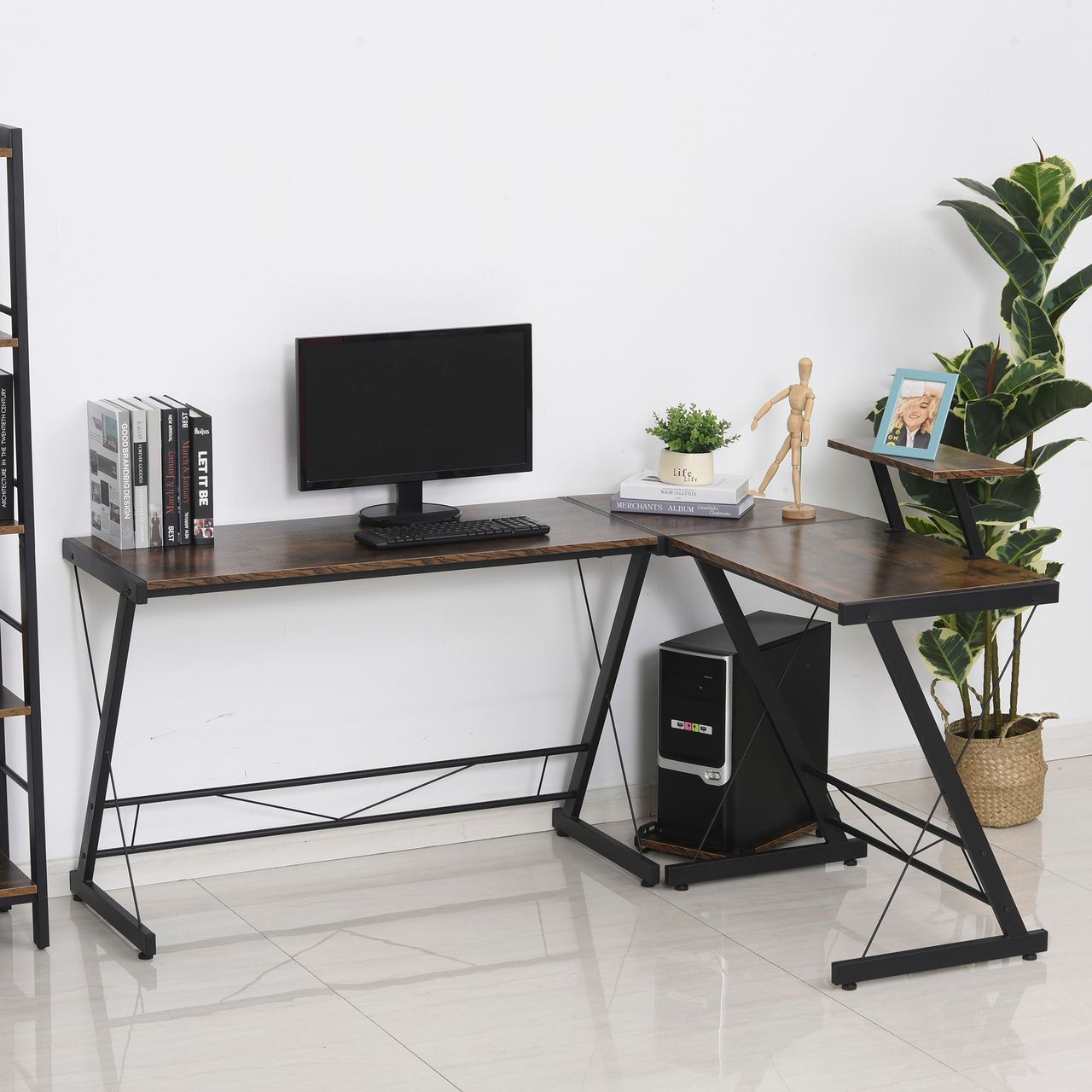 HOMCOM Computertisch, Eckschreibtisch, Schreibtisch, Bürotisch, Spanplatte Metall, Vintagebraun-Schwarz, 155 x 115 x 91,5 cm