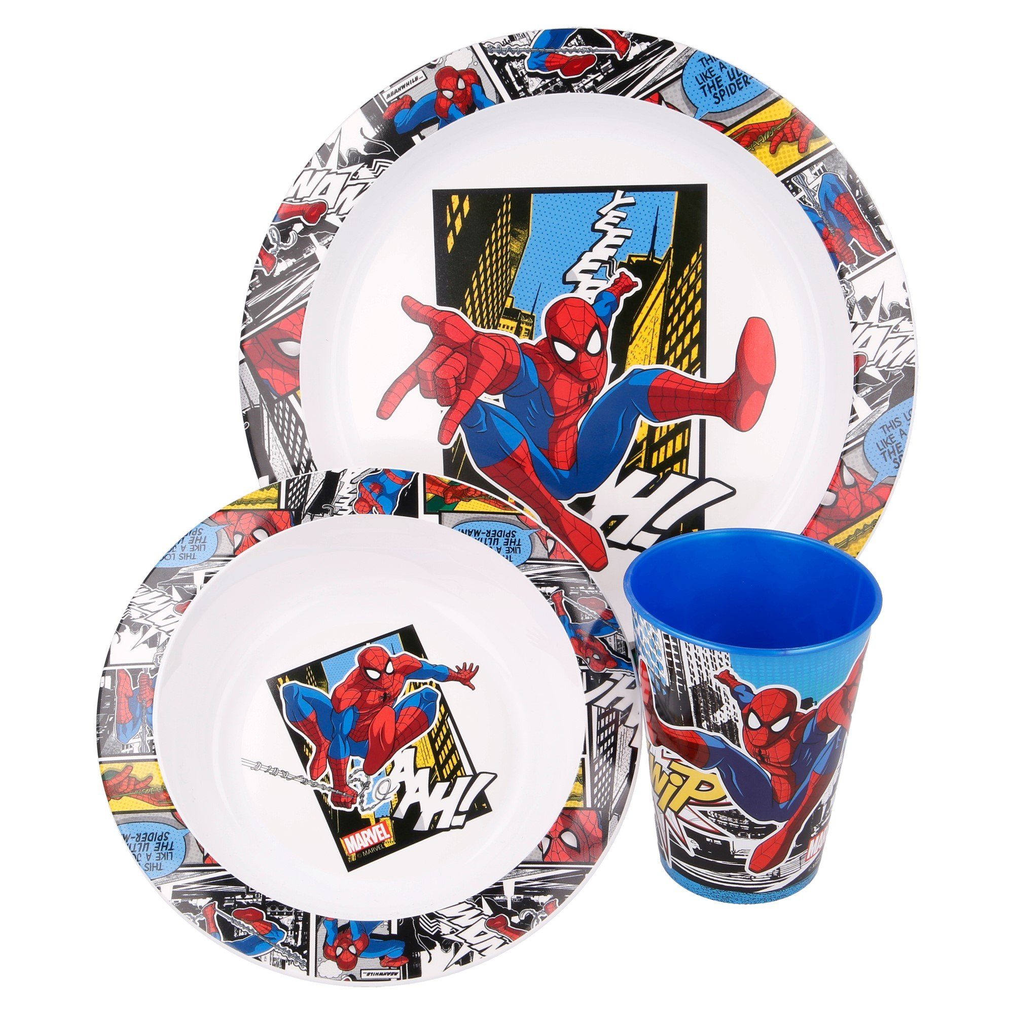 MARVEL Lunchbox Spiderman Kinder Geschirr-Set 3 teilig Becher Teller Schüssel, (3-tlg)