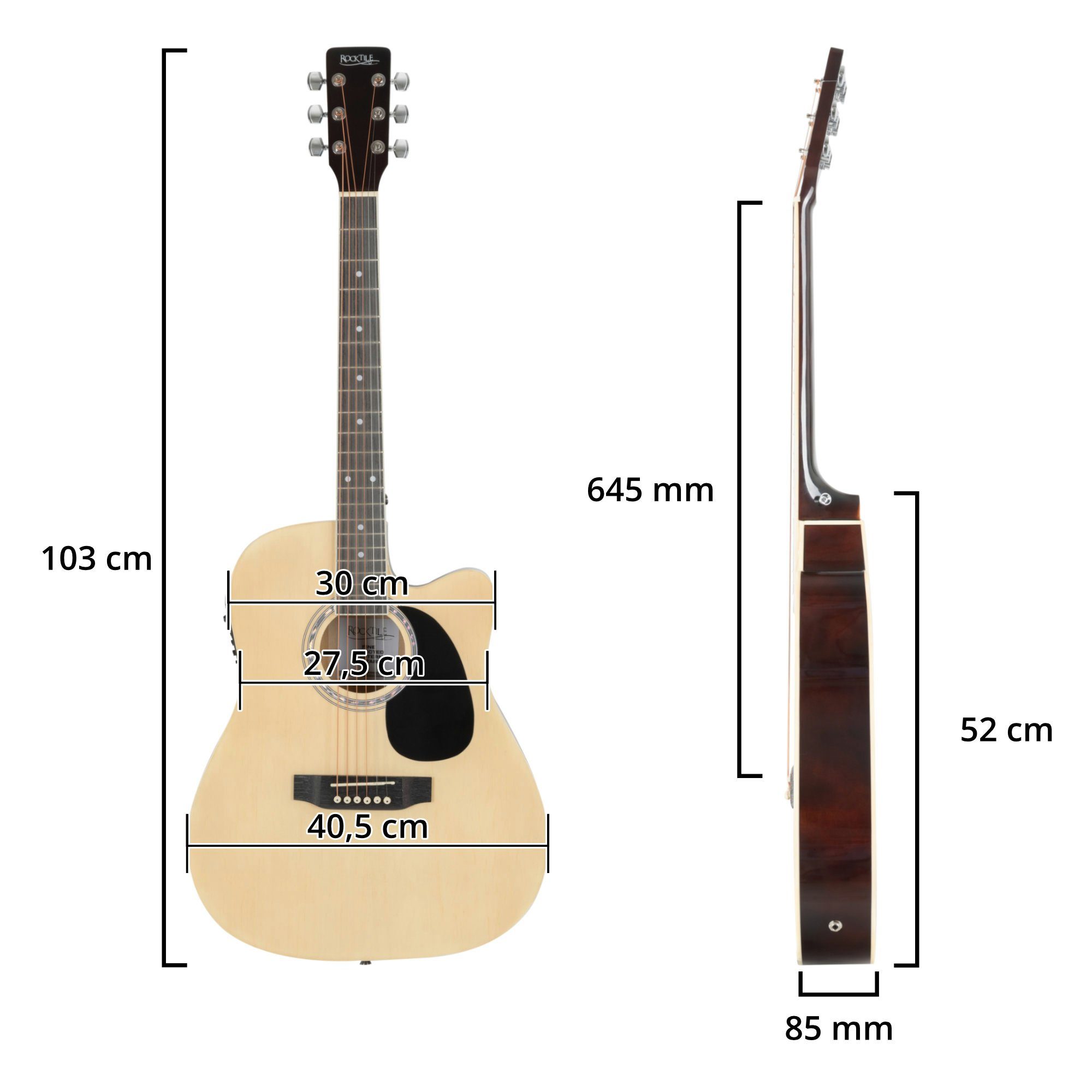 Rocktile Westerngitarre WSD-8CE-NT Slim Line Westerngitarren Set - Dreadnought Akustik Gitarre, Set inkl. Tasche, Ersatzsaiten, Gurt und Plektren