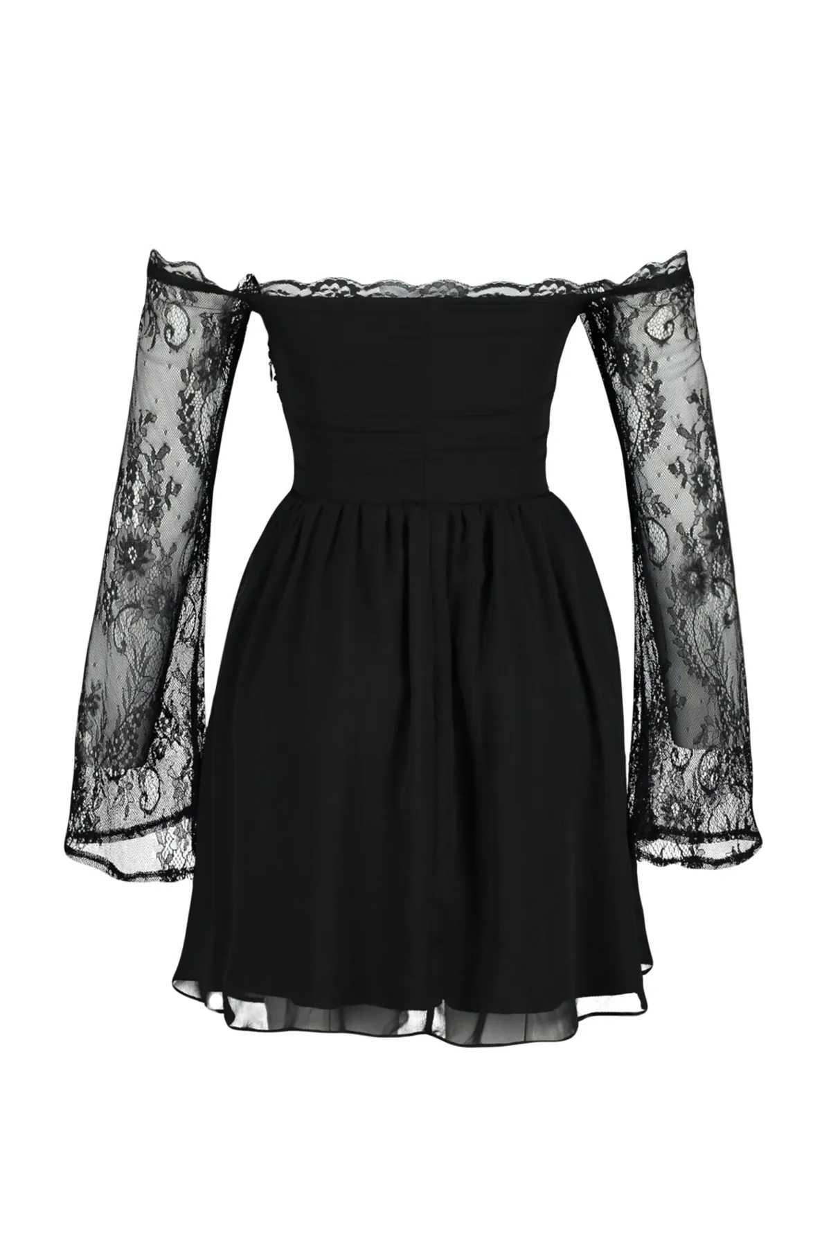 Trendyol Collection  Schwarzes, tailliertes/Skater-Kleid aus gewebtem, gefüttertem, gerafftem Chiffon, stilvolles Abendkleid TPRSS24EL00073