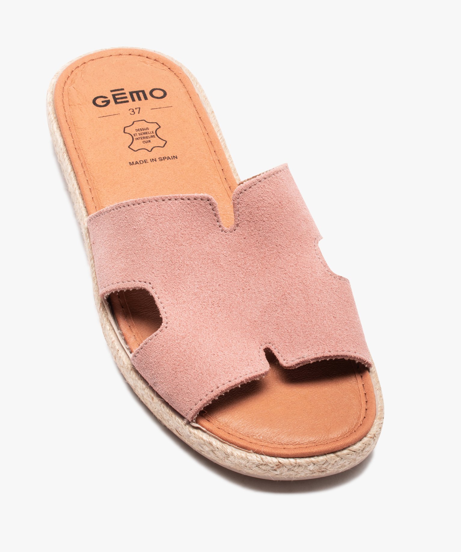 Mules femme à talon plat et bride en cuir retourné rose | GEMO