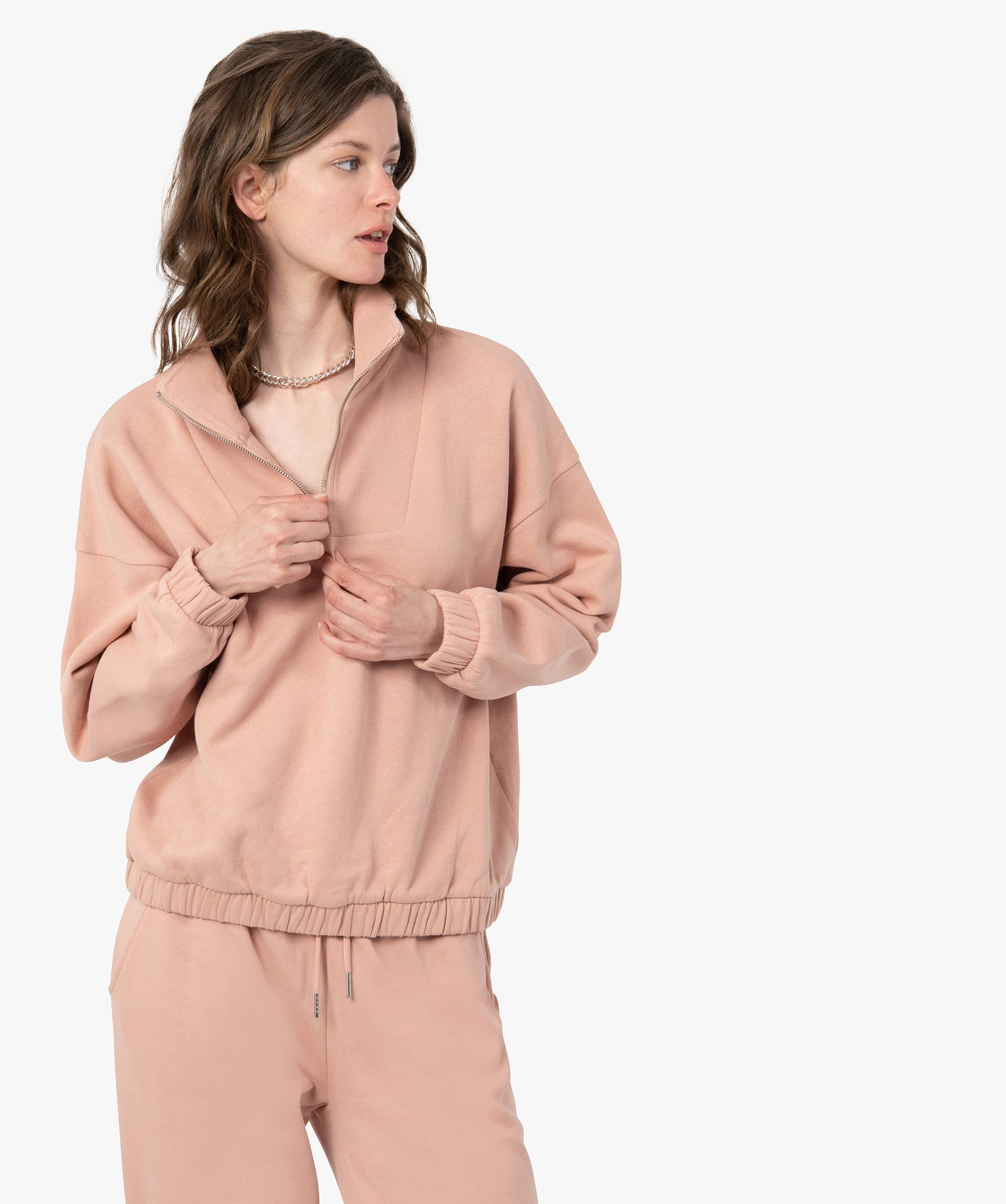Sweat femme à col zippé intérieur molletonné rose | GEMO