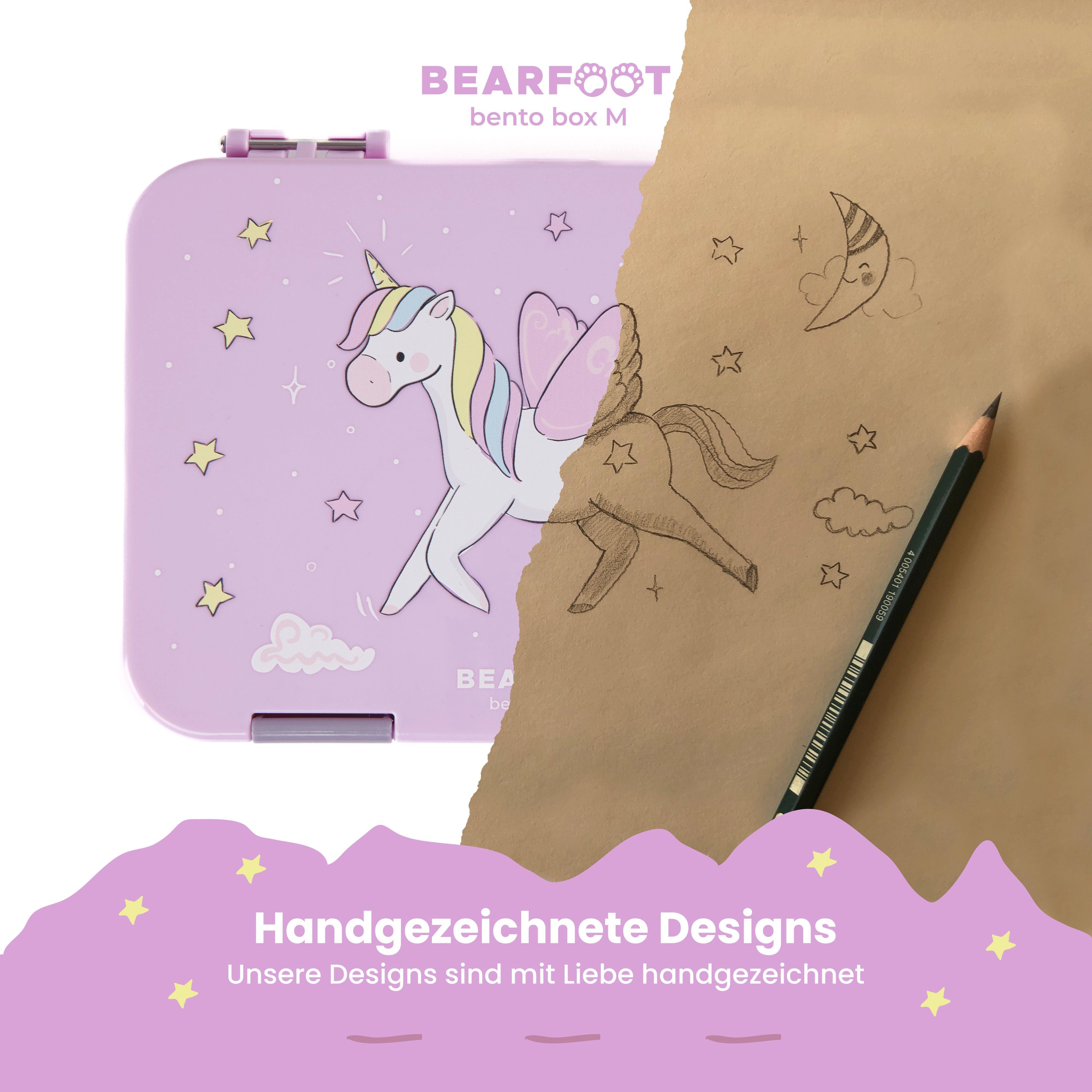 BEARFOOT Lunchbox Brotdose Kinder mit Fächern, Lunchbox, Bento box - Einhorn Lila, handgezeichnete Designs, modular