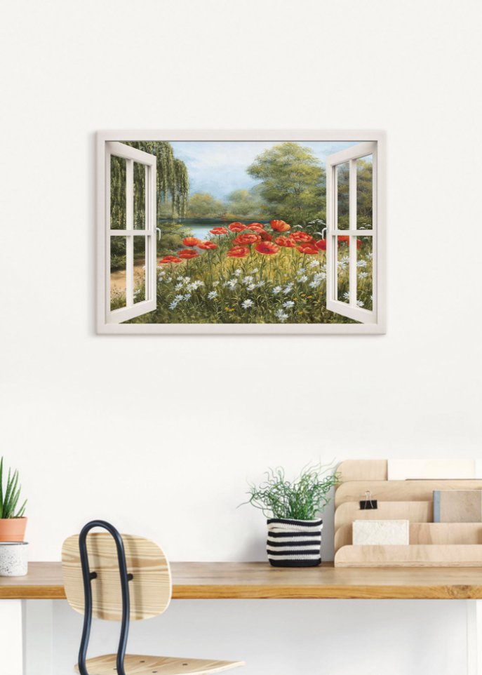 Leinwandbild mit Fensterblick auf Mohnwiese
