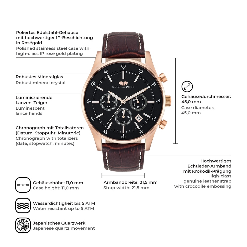 Rhodenwald & Söhne Chronographe Goodwill en Cuir véritable en Brun foncé Montre