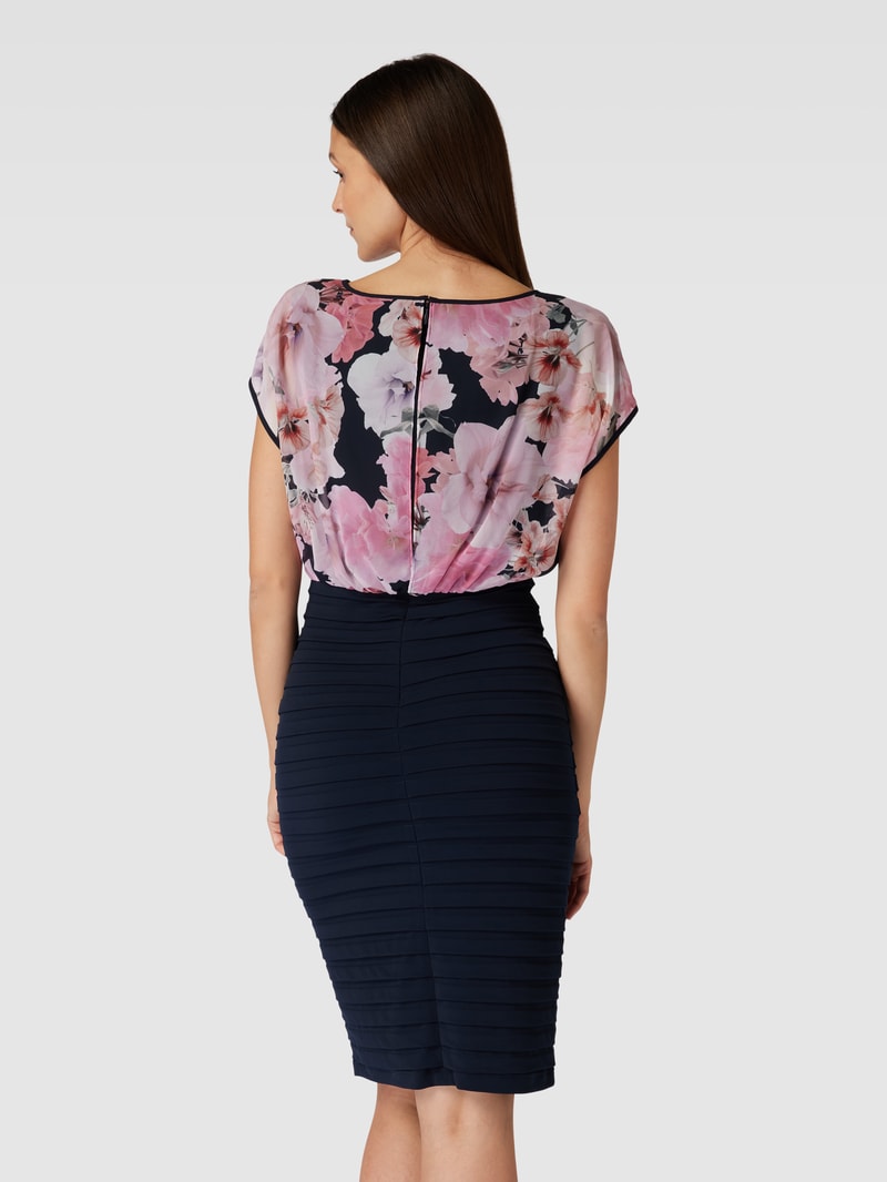 Knielanges Cocktailkleid mit floralem Muster in marineblau meliert