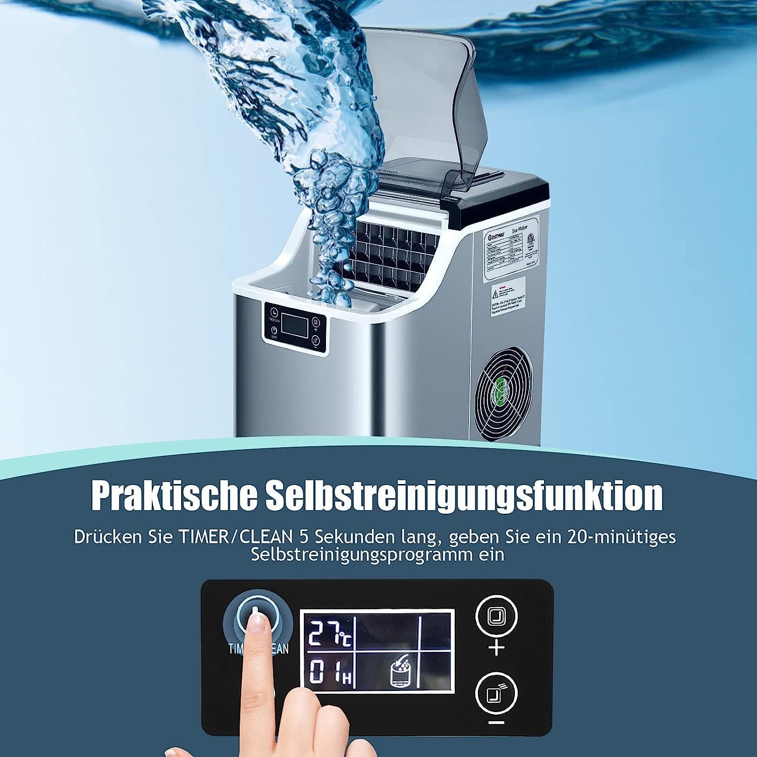 KOMFOTTEU Eiswürfelmaschine, 18 kg/24 Std., mit 3,2 L Wassertank & 1,2 kg Eiskorb