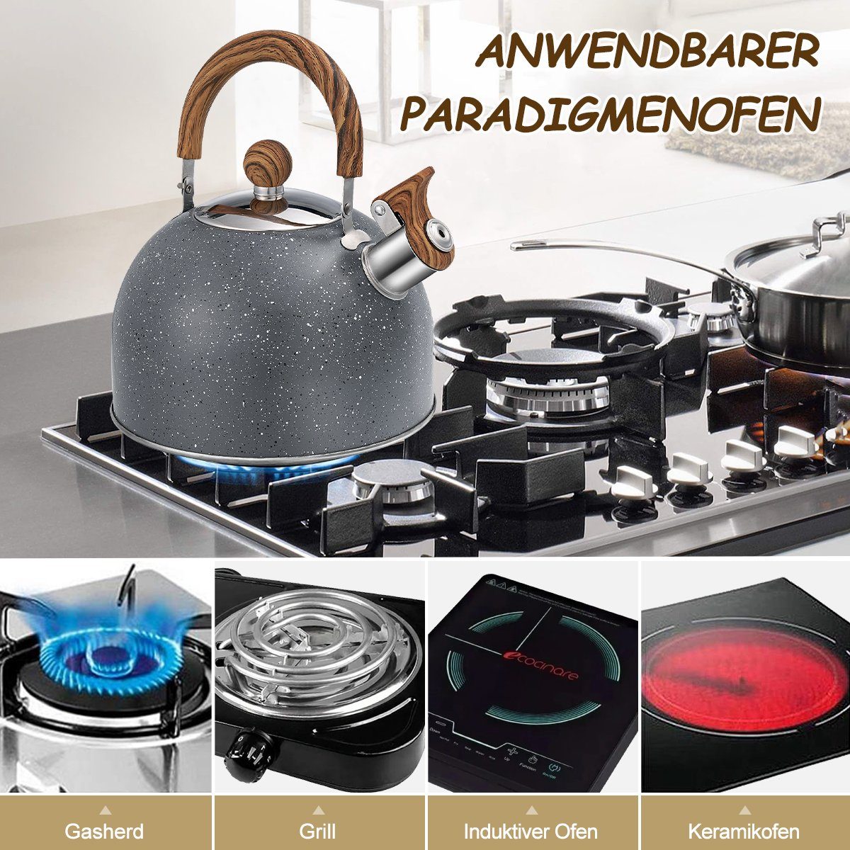 Novzep Wasserkessel Teekessel Induktion 2.5L,Edelstahl Pfeifkessel Tea Kettle mit Griff, Edelstahl, für GlasKeramikherd, Gas für Alle Herdarten Elektroherd