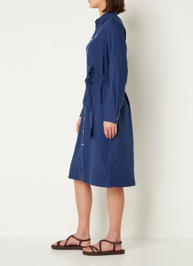 Lanena midi haljina-košulja Ralph Lauren s remenom za vezanje