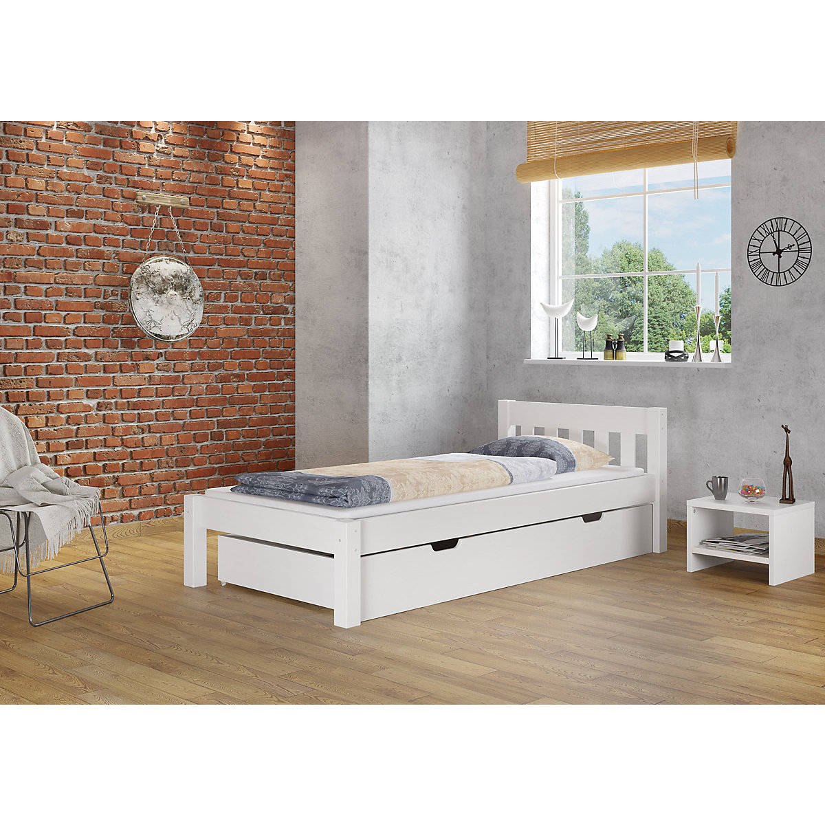 Gemütliches weißes Holzbett mit Sprossen 90x200 mit Rost