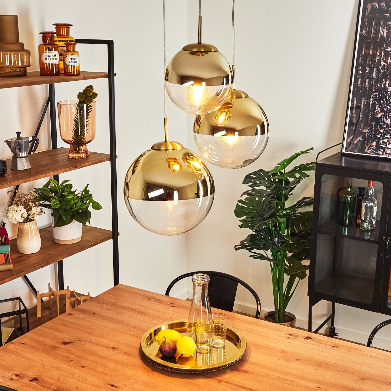 hofstein Hängeleuchte Arola 3-flammige Deckenlampe aus Metall in Gold, ohne Leuchtmittel, Moderner Look Pendellampe mit Glasschirm in Gold. 1xE27