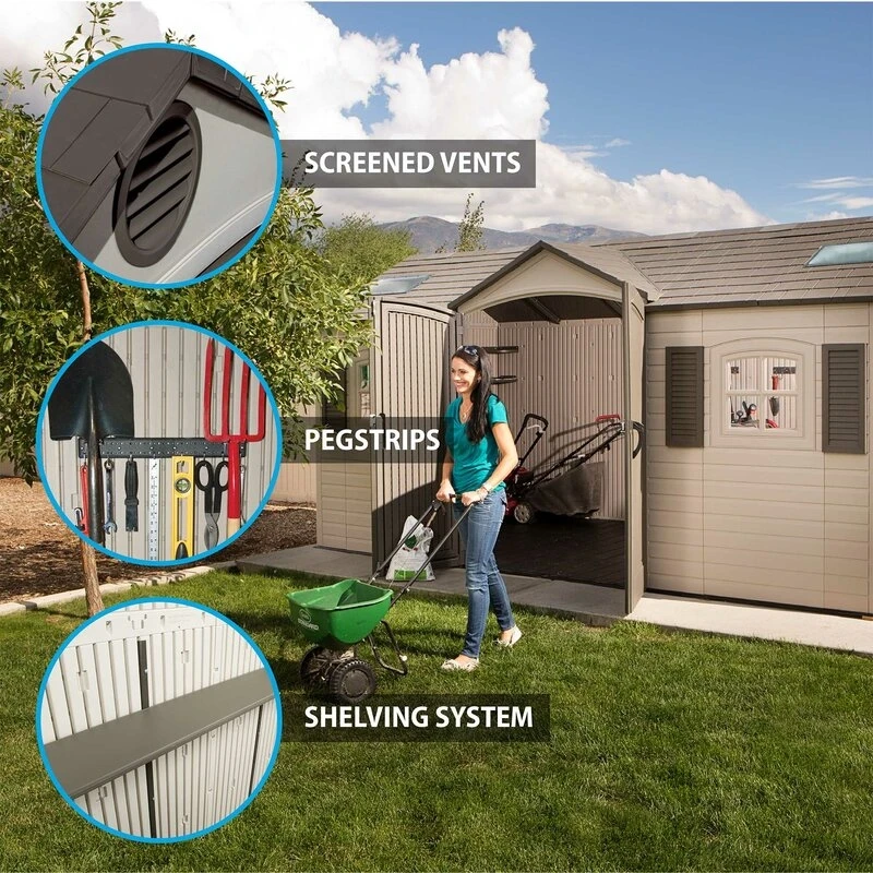 Double entry 15' wide x 8' deep plastic storage shed